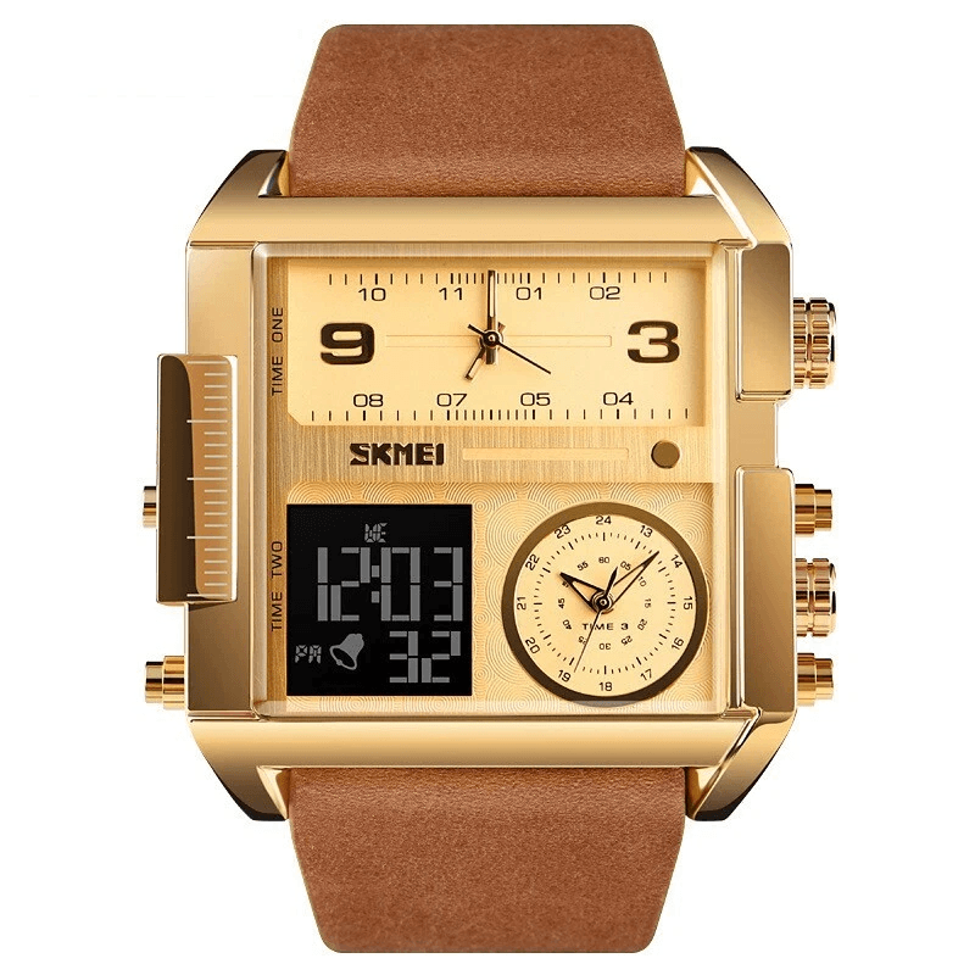 Men Watch Large Dial Digital Quartz Sport Stopwatch Leather Wristwatch SKMEI Multifunction Timepiec 3
