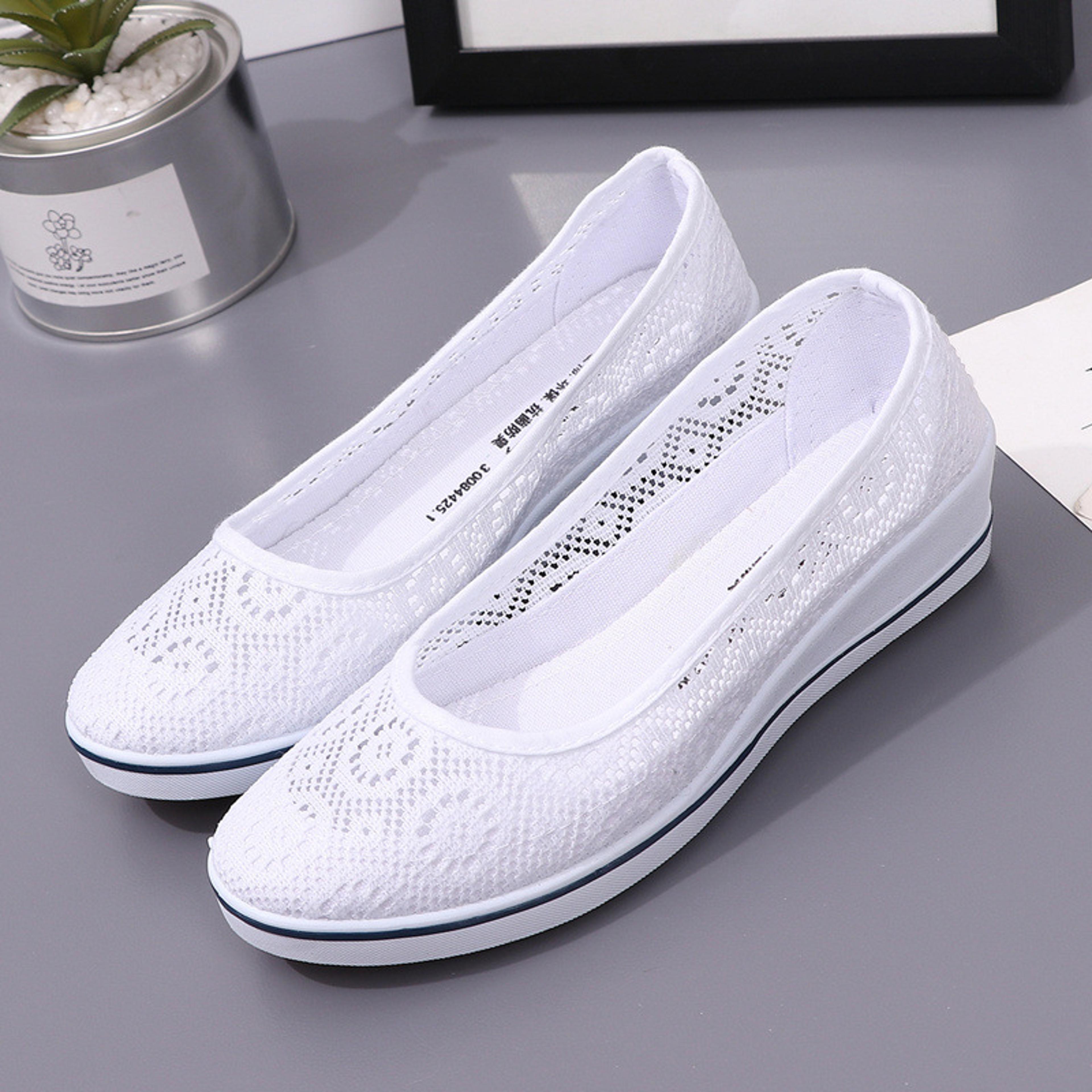 lace hollow breathable white flats for women with comfortable mid wedge heel