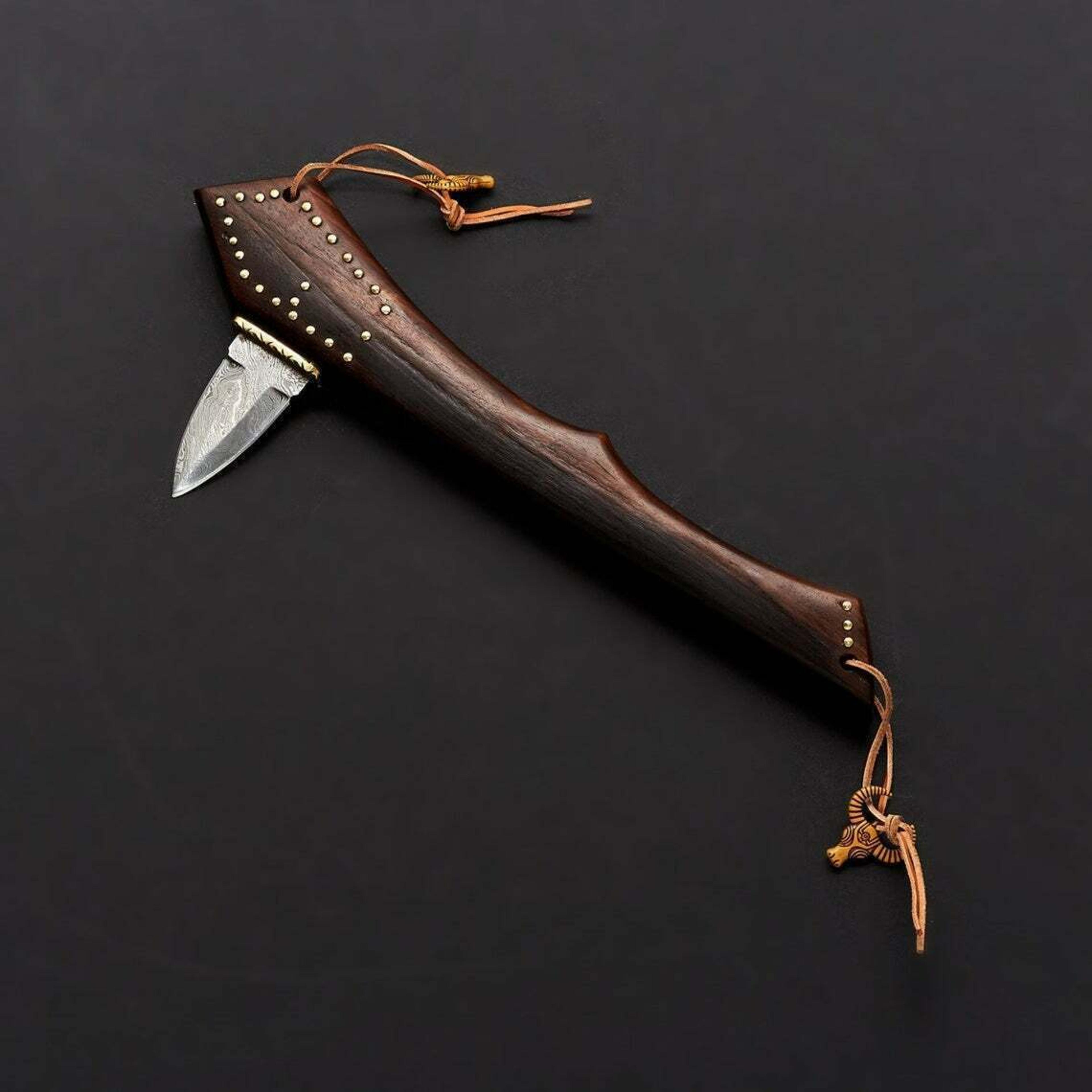 16" hand-forged damascus steel hunting axe – d2 mirror polish blade with leather sheath