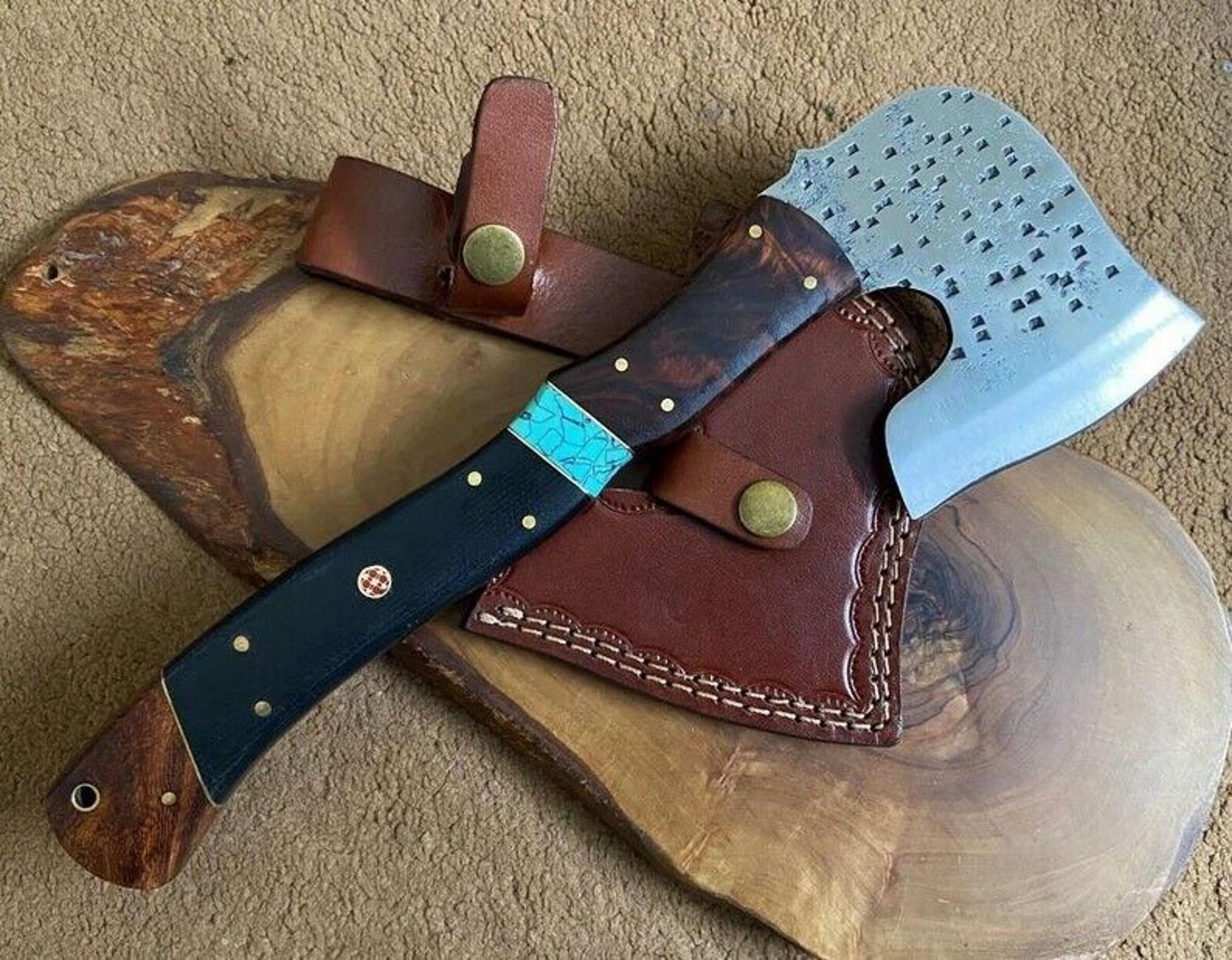 hand-forged viking double-edge axe – carbon steel blade, rosewood & micarta handle, premium leather sheath