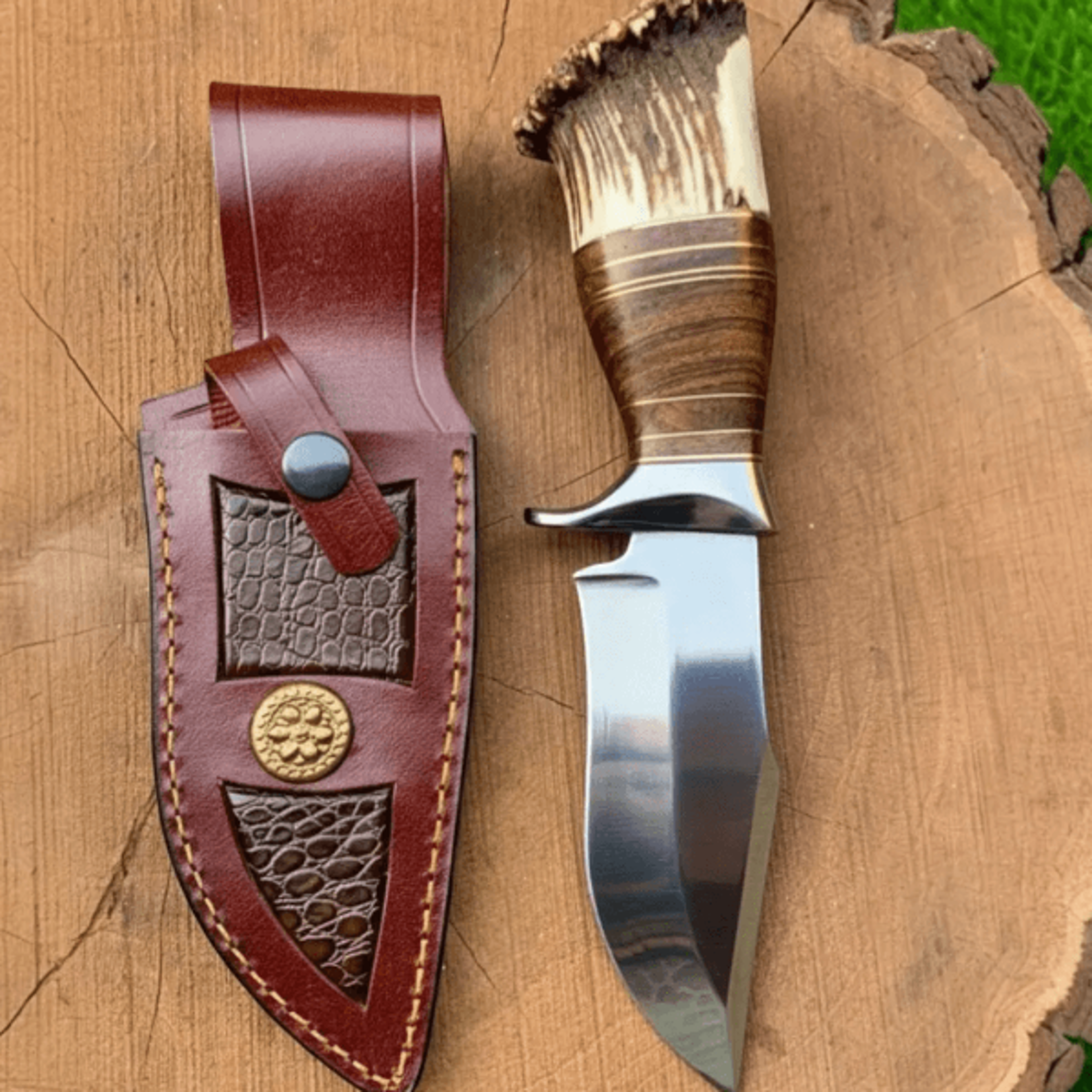 handmade d2 steel hunting knife – stag antler crown handle, full tang knife | husband gift | pocket knife