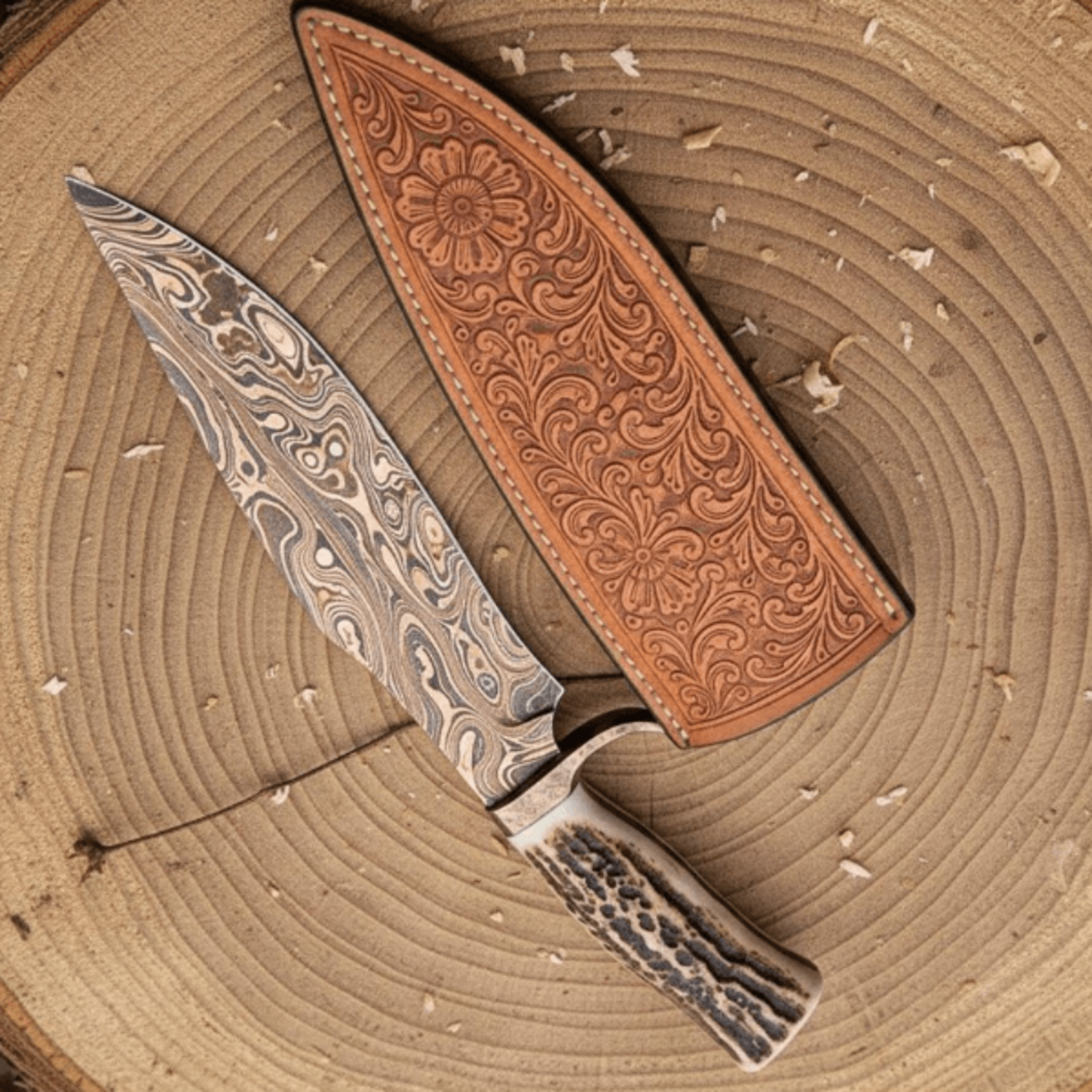damascus hunting bowie knife | genuine stag handle & brass bolster | custom handmade camping & survival knife with leath