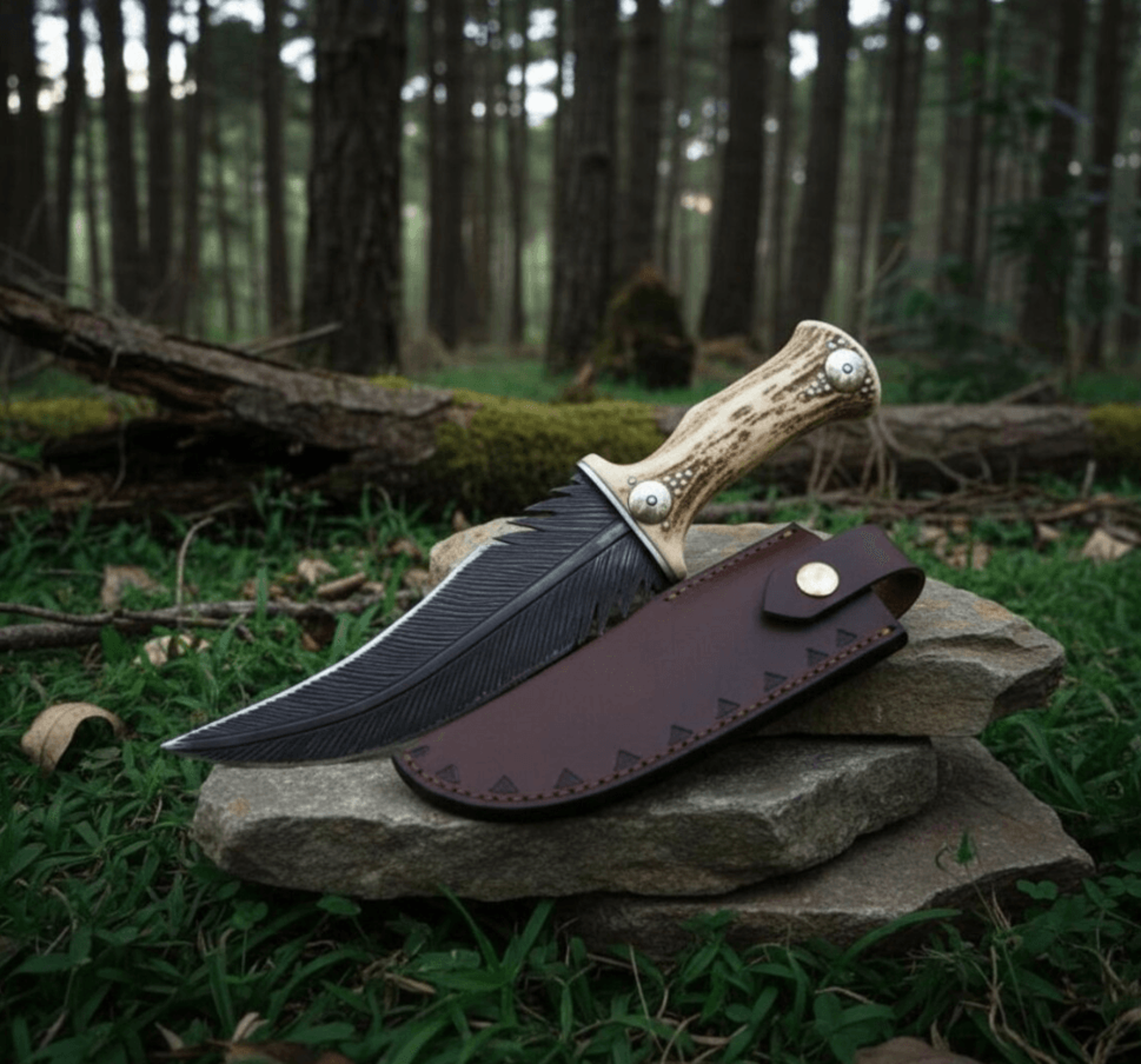 HandForged Feather Blade Knife With Stag Horn Handle  Carbon Steel Fantasy Knife With Leather Sheat 1
