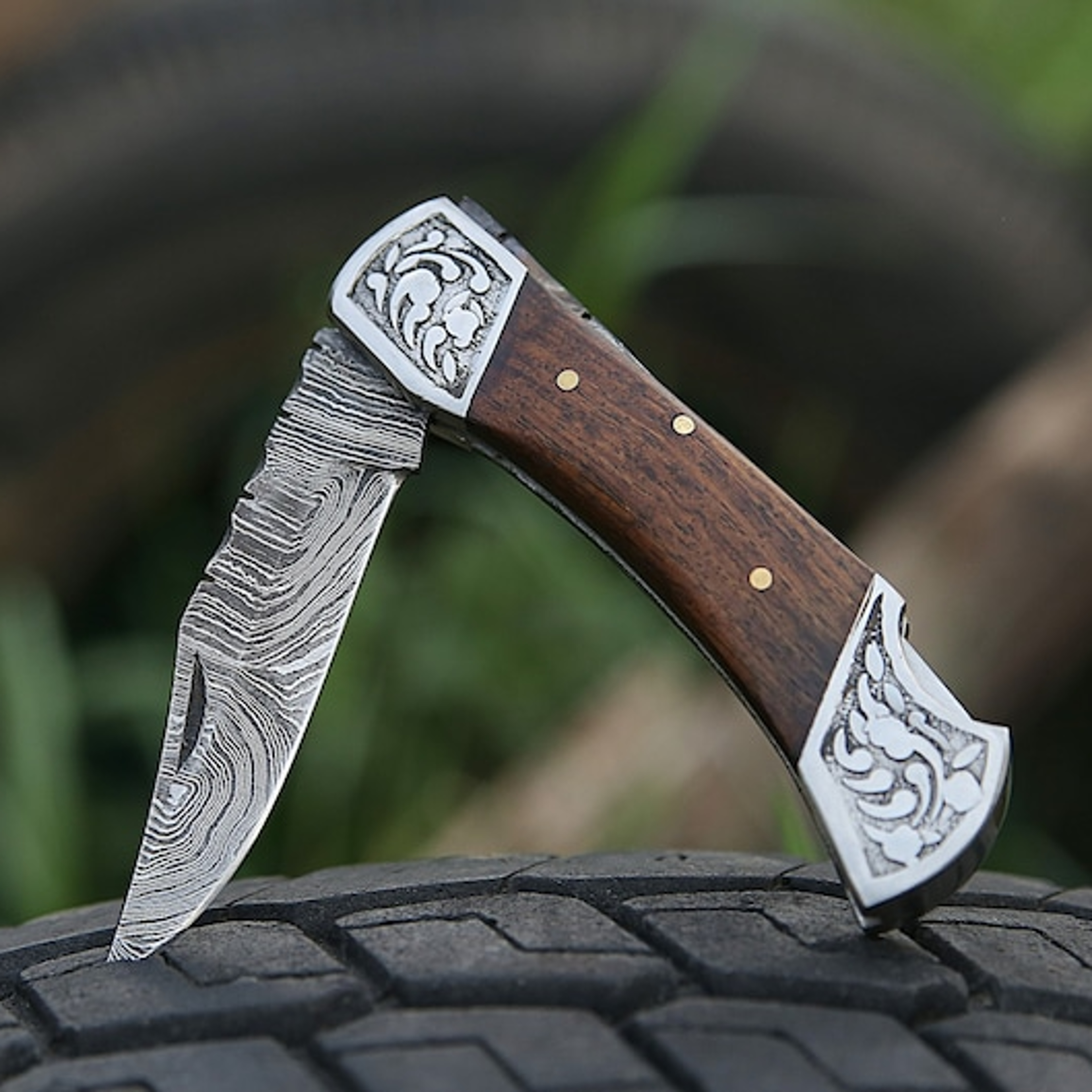 handmade damascus pocket knife – 7" folding knife with rosewood handle | personalized groomsmen, birthday, anniversary
