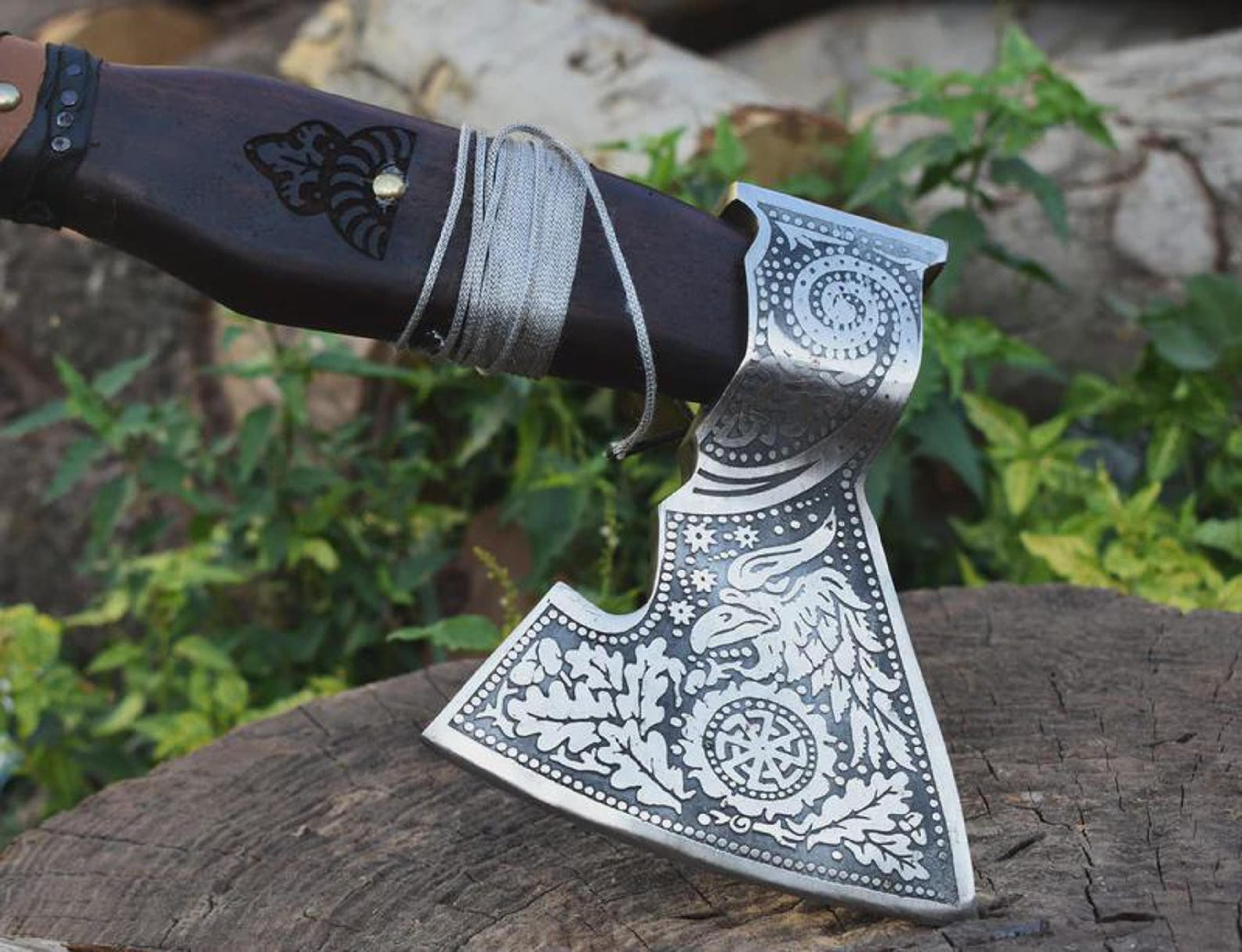 Premium Engraved Viking Axe High Carbon Steel Hatchet With Leather Sheath 5