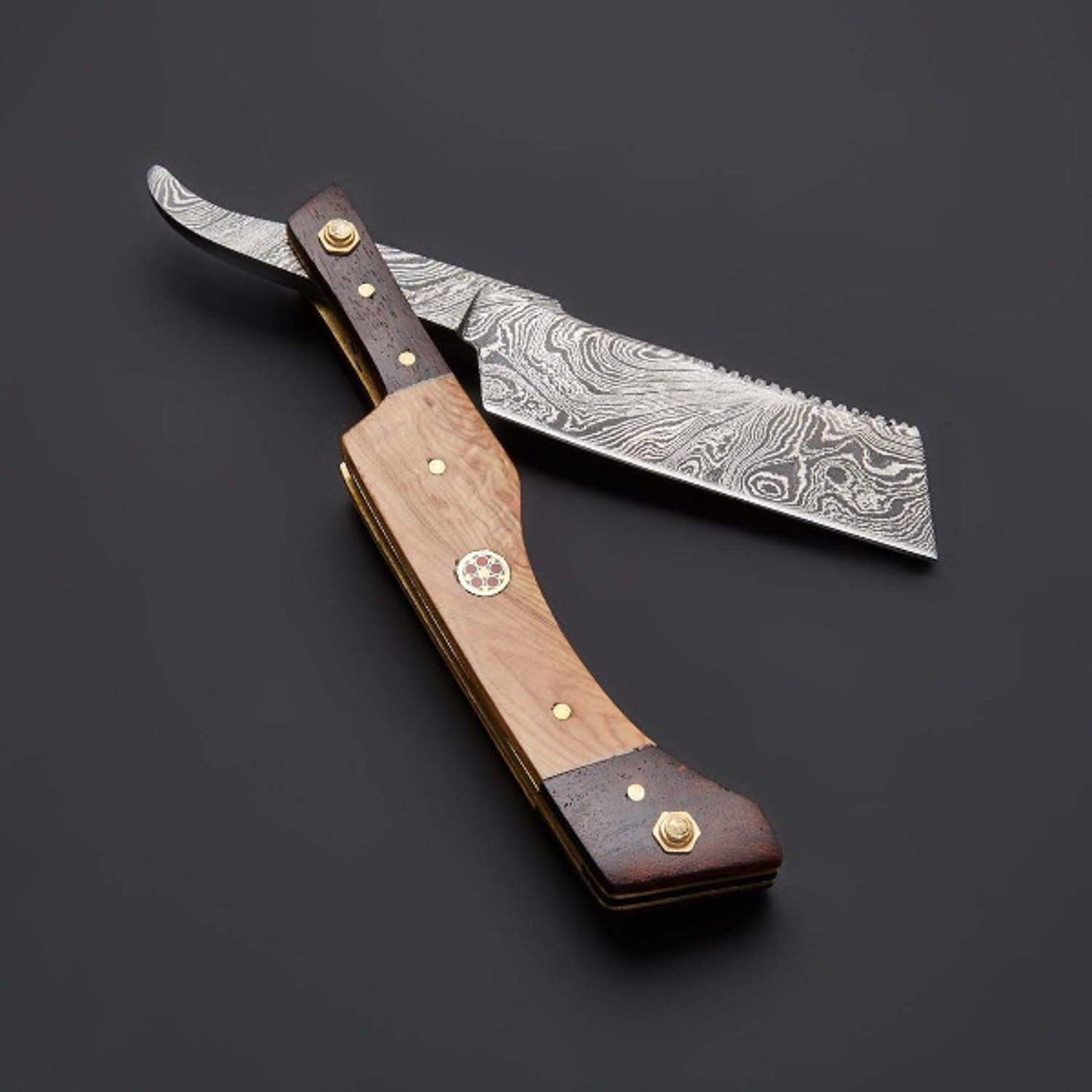 best high-carbon damascus steel folding pocket straight razor with ergonomic handle and premium leather sheath