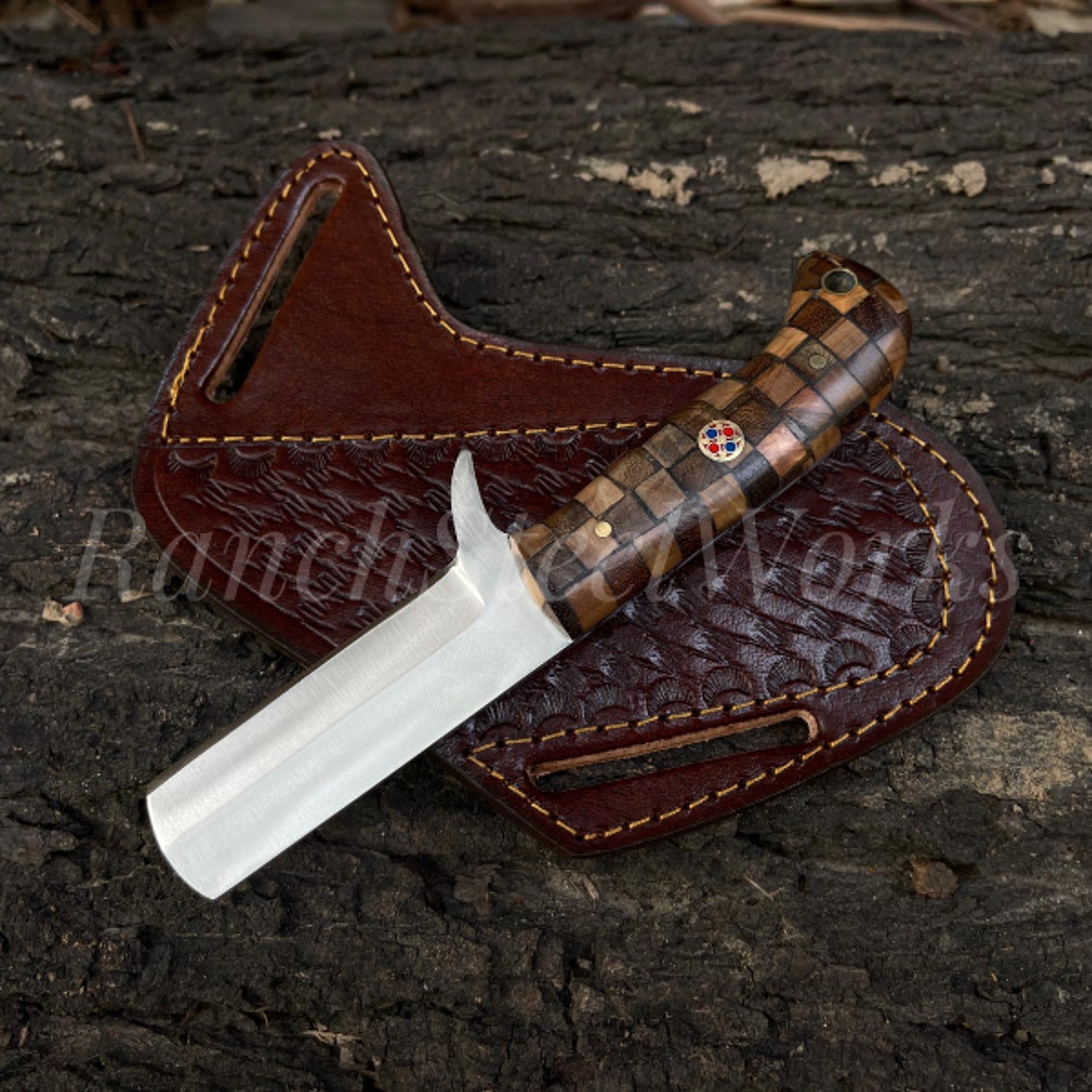hand forged d2 steel bull cutter knife with leather sheath - high-quality cowboy knife for hunting and outdoor activitie