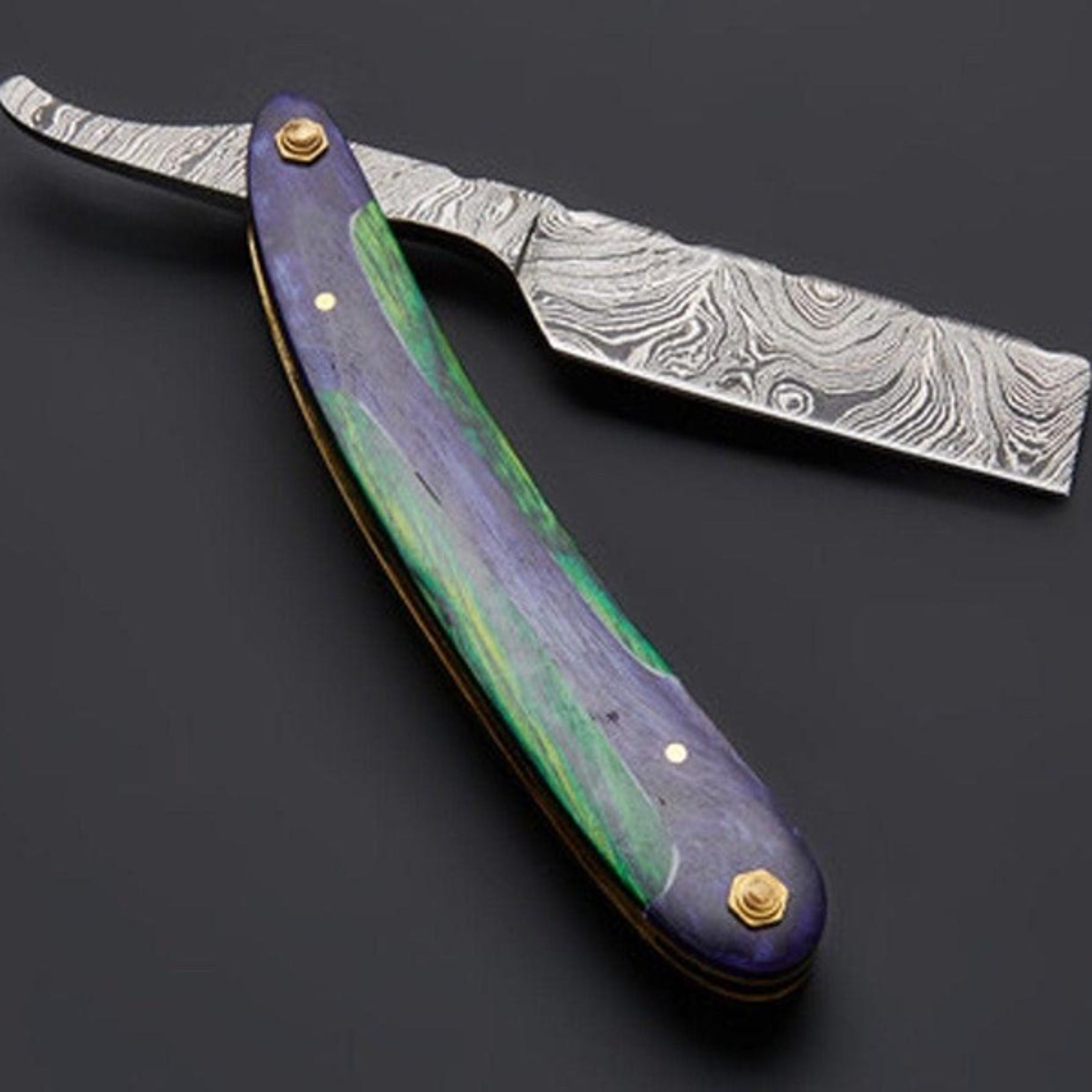unique gift for him - handcrafted damascus steel straight razor with olive wood and mosaic pin