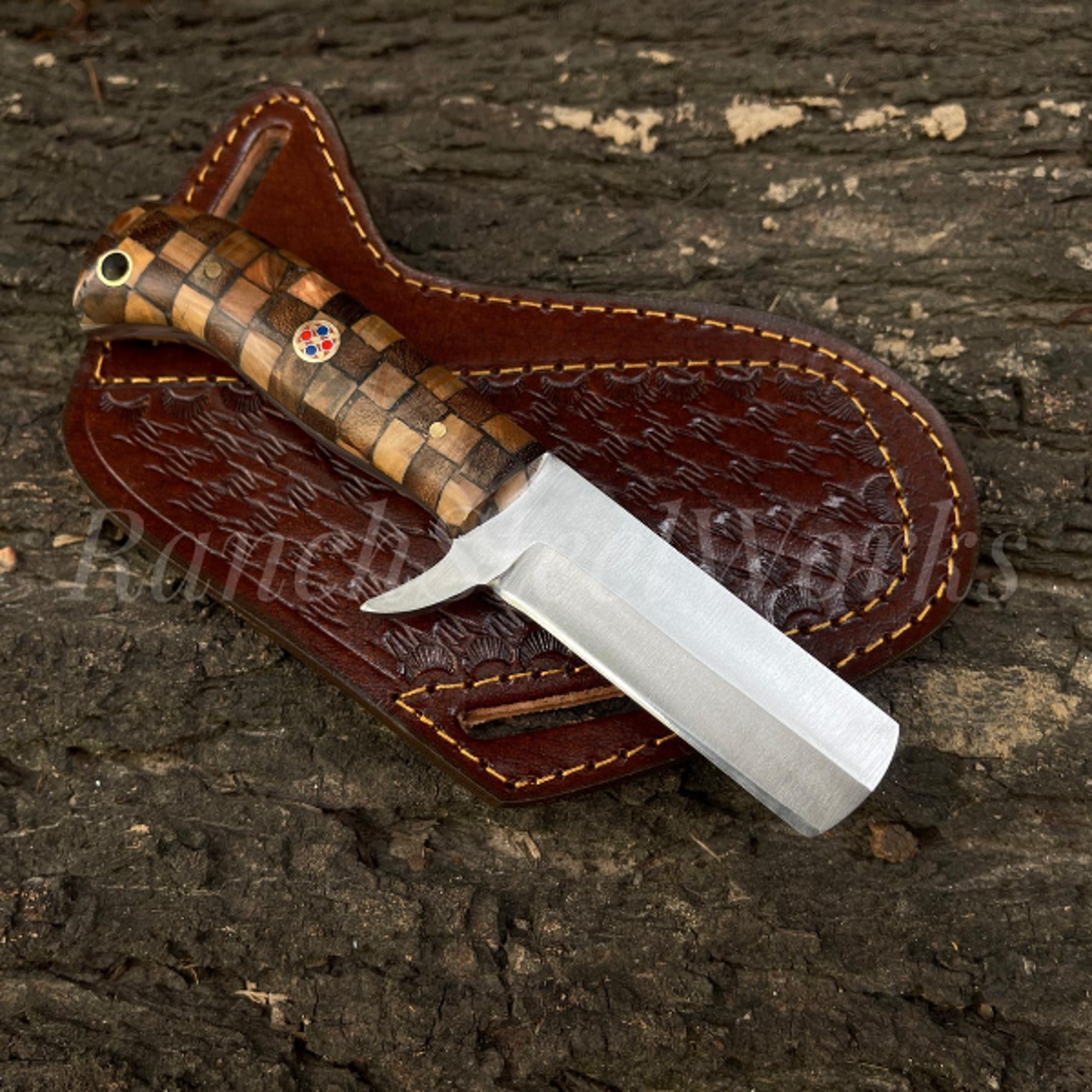 handmade d2 steel cowboy bull cutter knife with leather sheath - durable and razor sharp