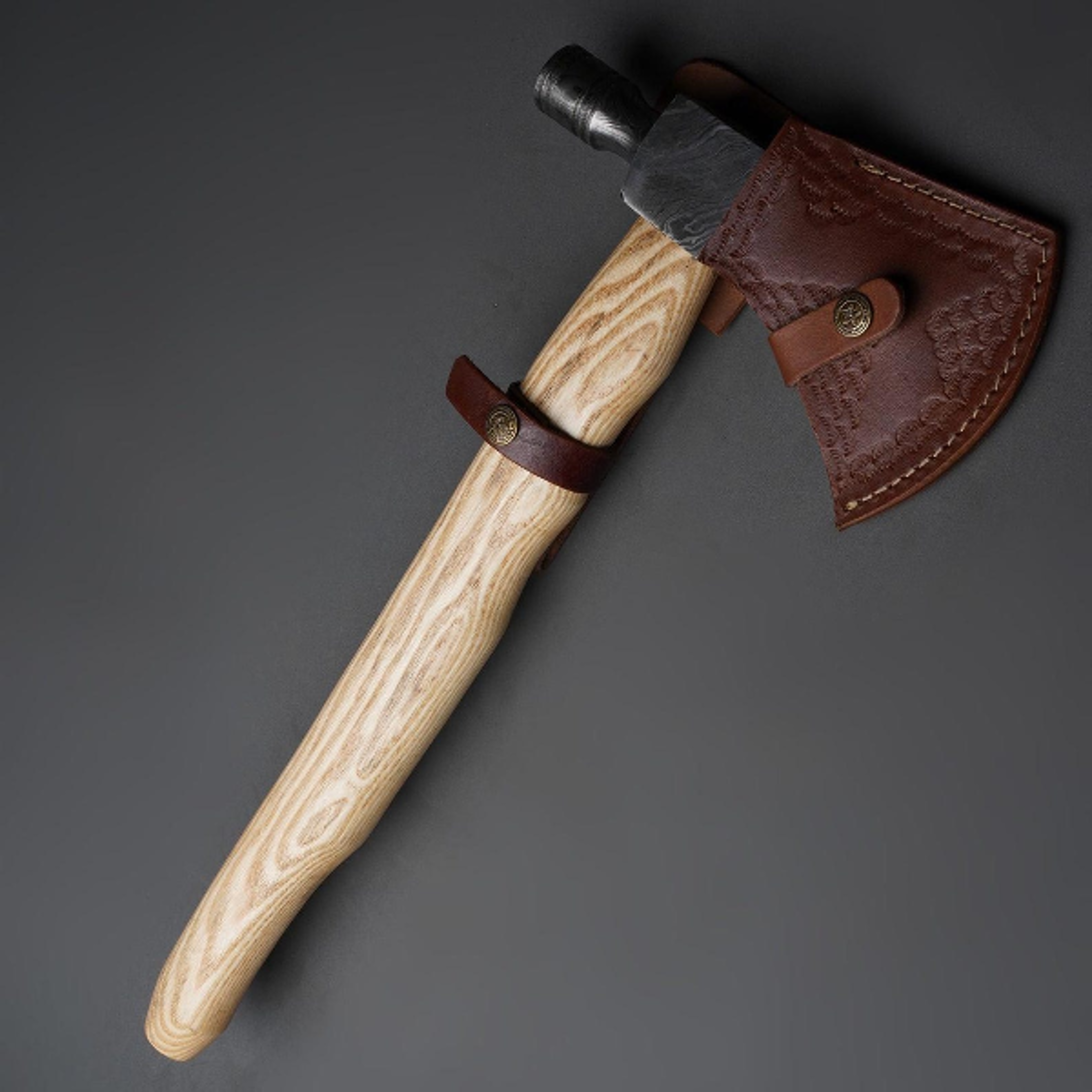 authentic handcrafted damascus steel axe with olive wood handle and leather sheath for ultimate survival and camping exp