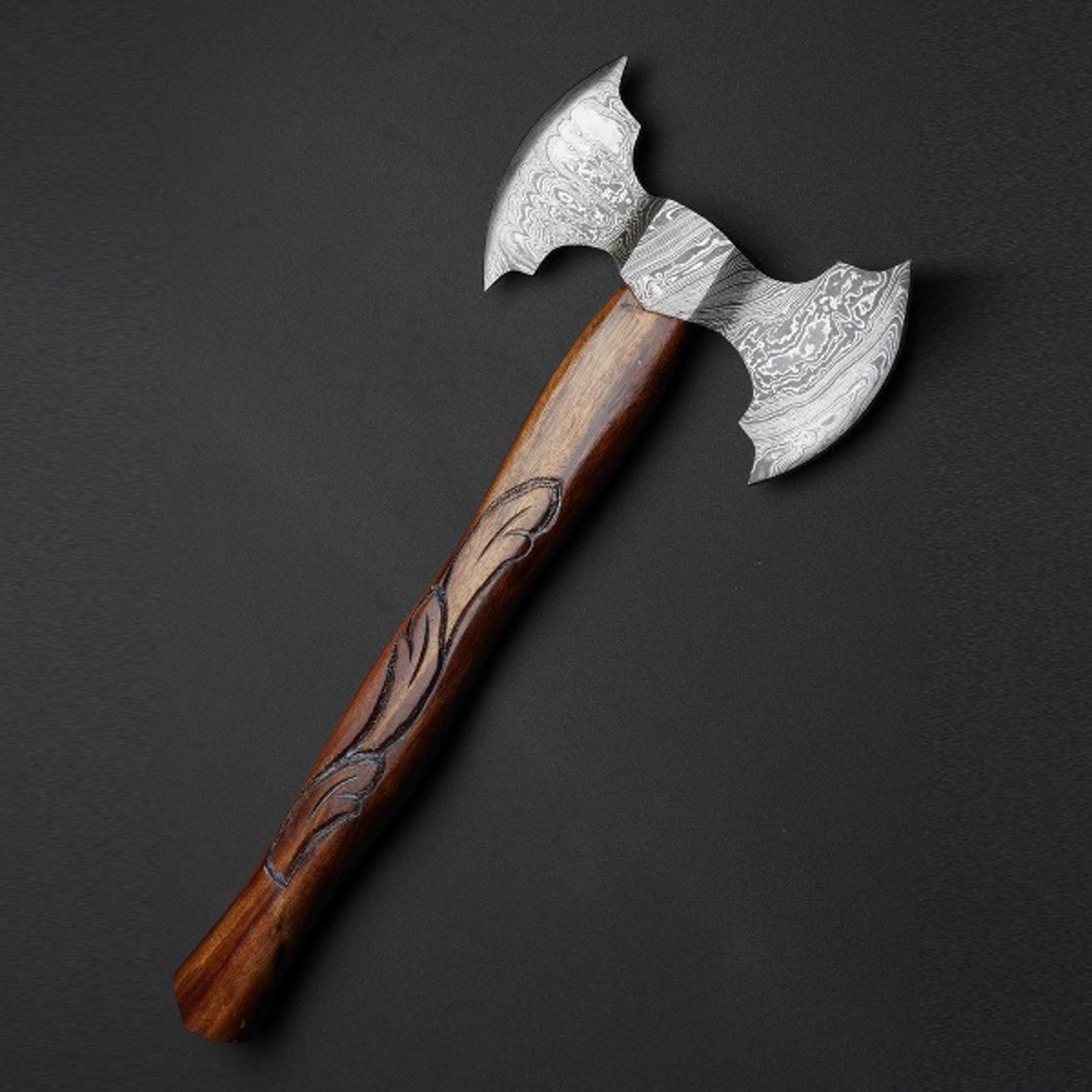 authentic handcrafted damascus steel double edge axe with rose wood handle and fixed blade