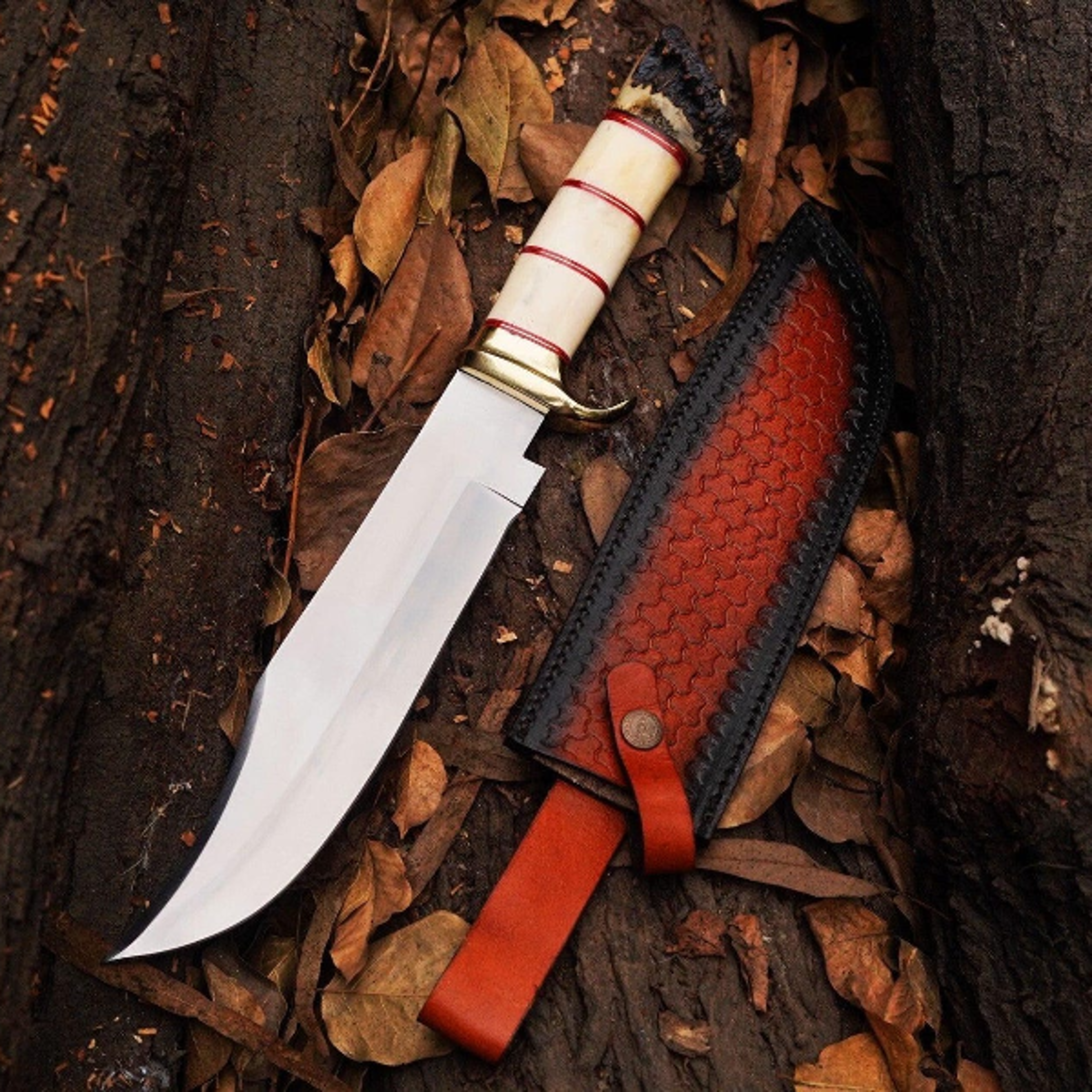 premium 16-inch d2 steel handmade hunting bowie knife with mirror finish and leather sheath for outdoor enthusiasts