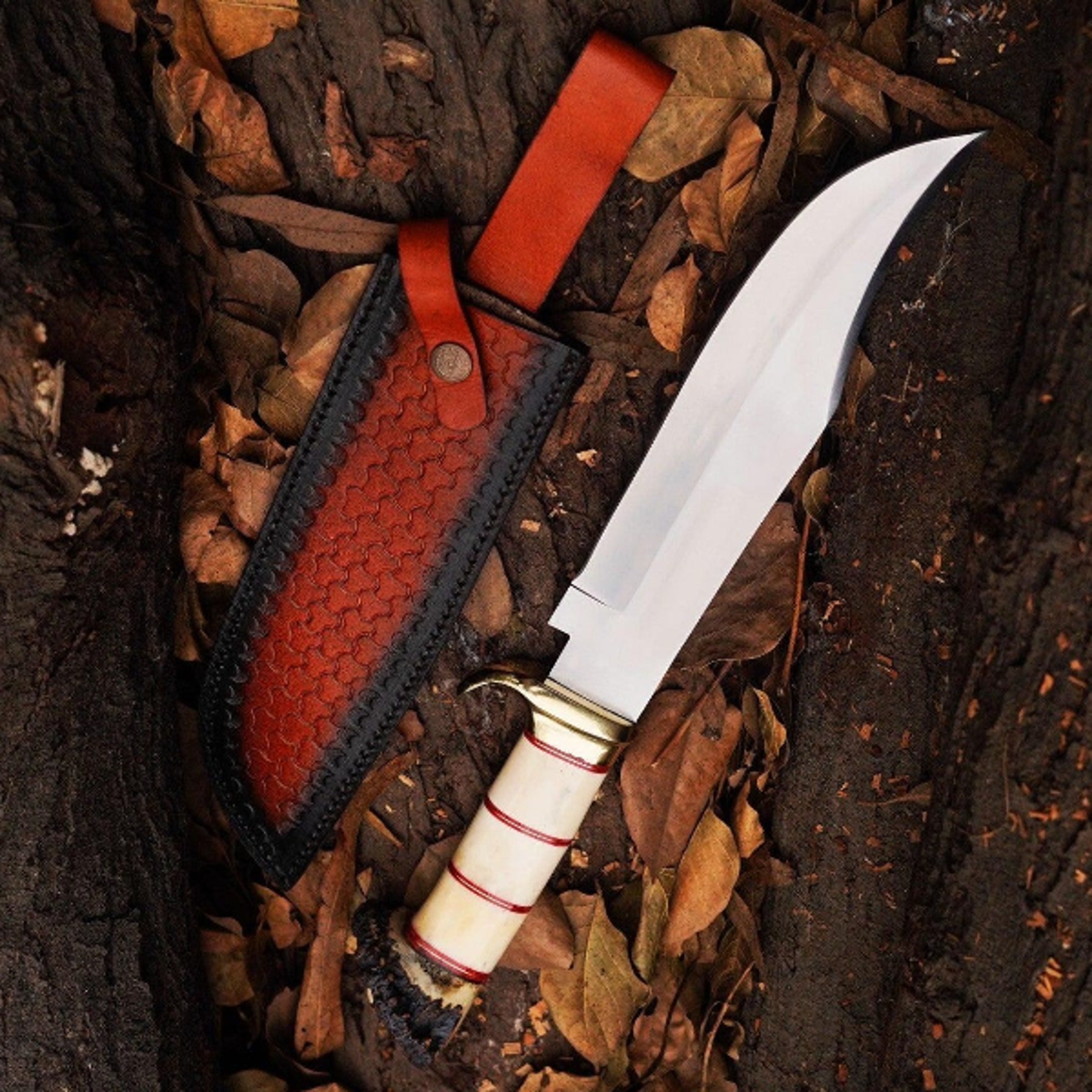 handmade damascus bowie knife with leather sheath - premium hand-forged blade for powerful performance