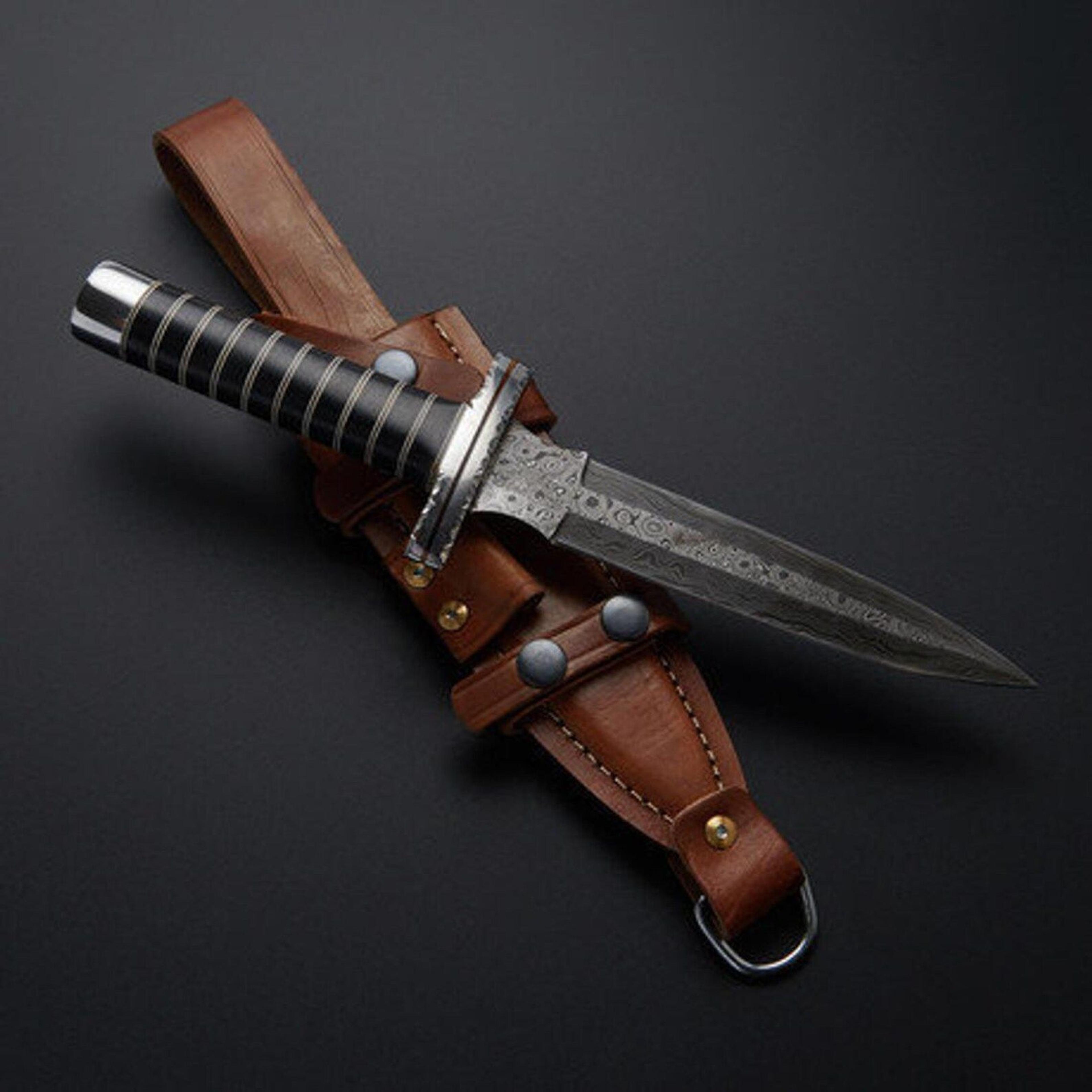 handmade damascus dagger knife with leather sheath | double edge fixed blade hunting survival knife | premium gift