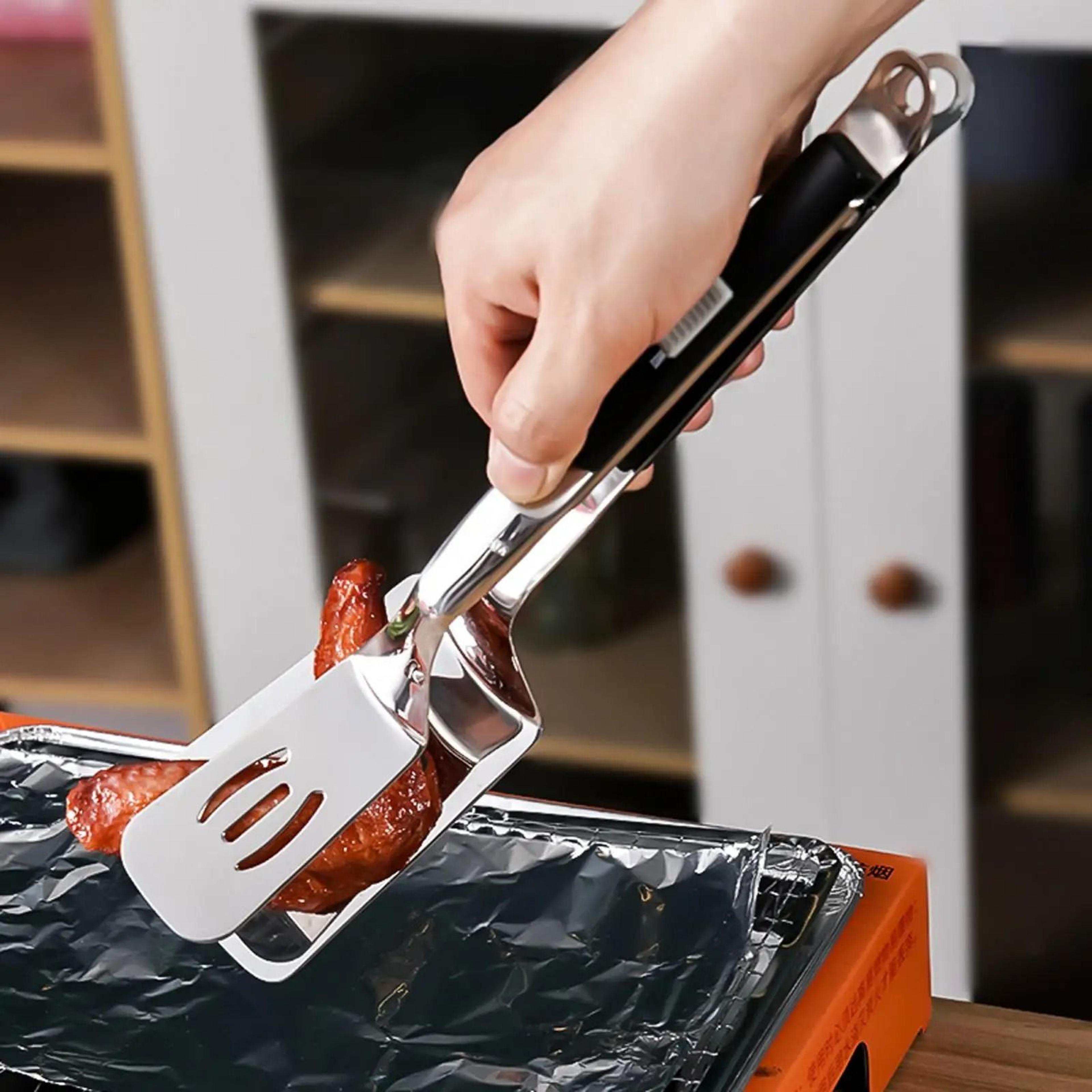 premium stainless steel slotted spatula tongs, ideal for grilling fish, steaks, burgers, and eggs