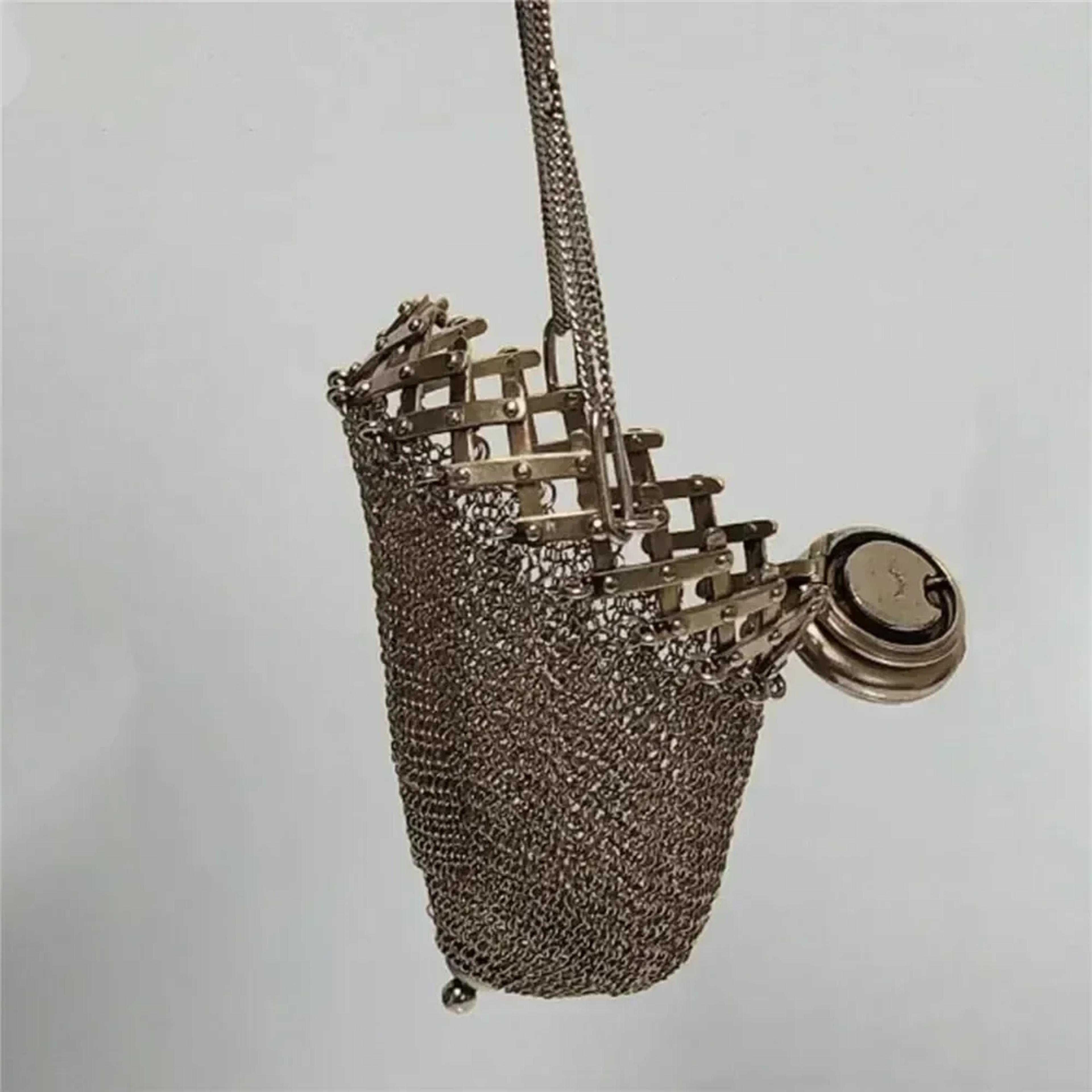 vintage 1920s handmade english coin purse, stainless steel double mesh chain bag