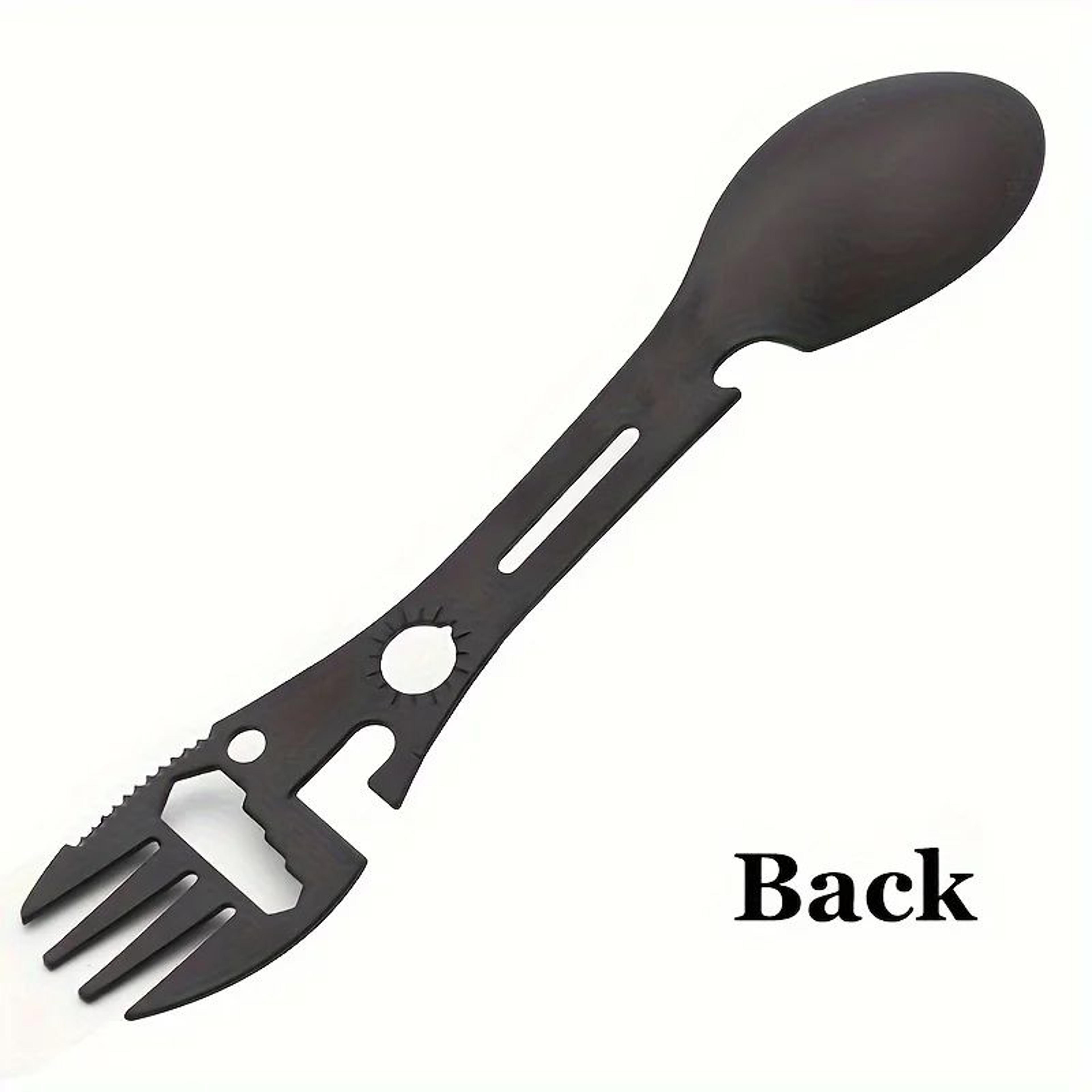 multifunctional survival spork, outdoor camping tool with whistle, knife, wrench, bottle opener & spoon