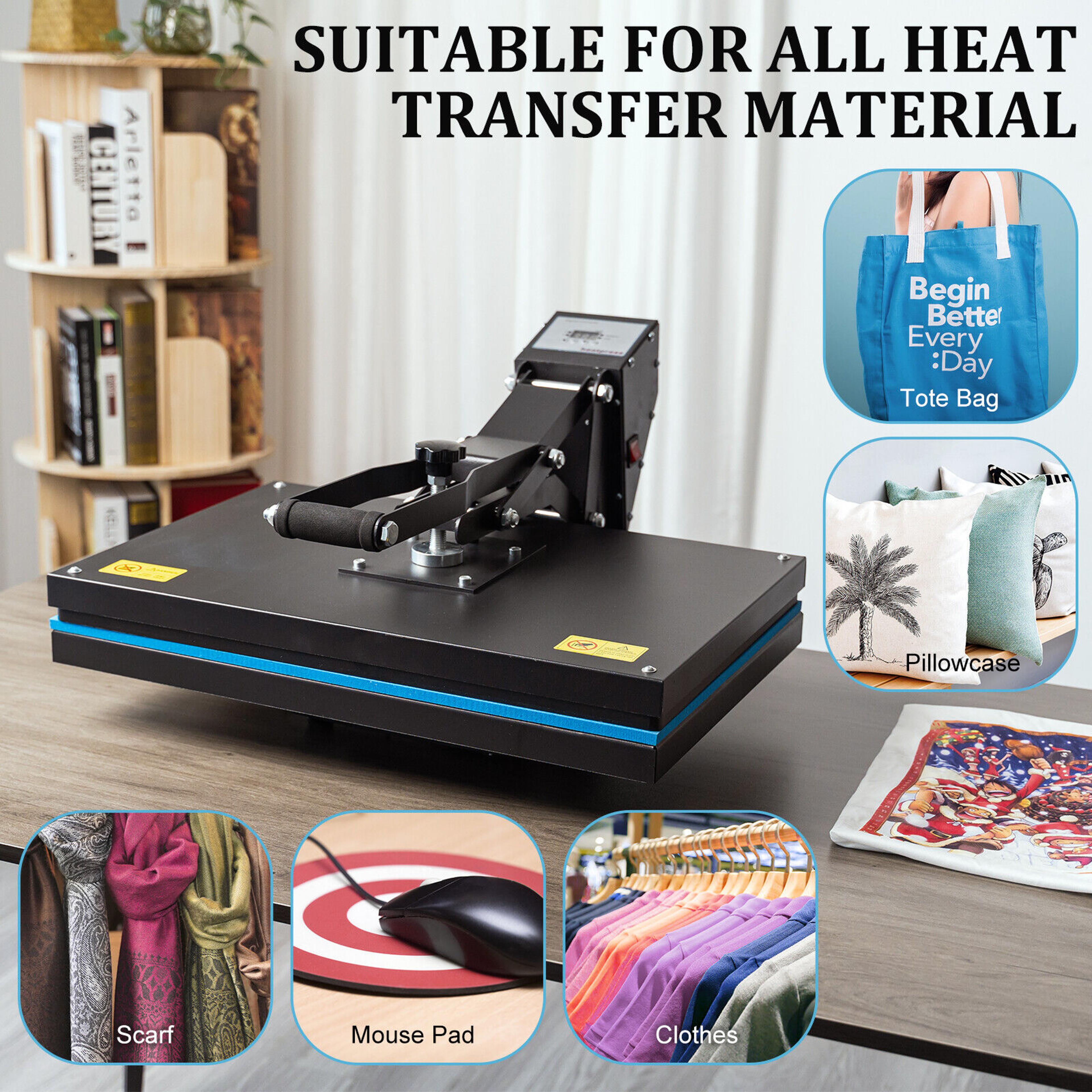 digital heat press machine, clamshell design with double tube heatpress for fast, even transfers