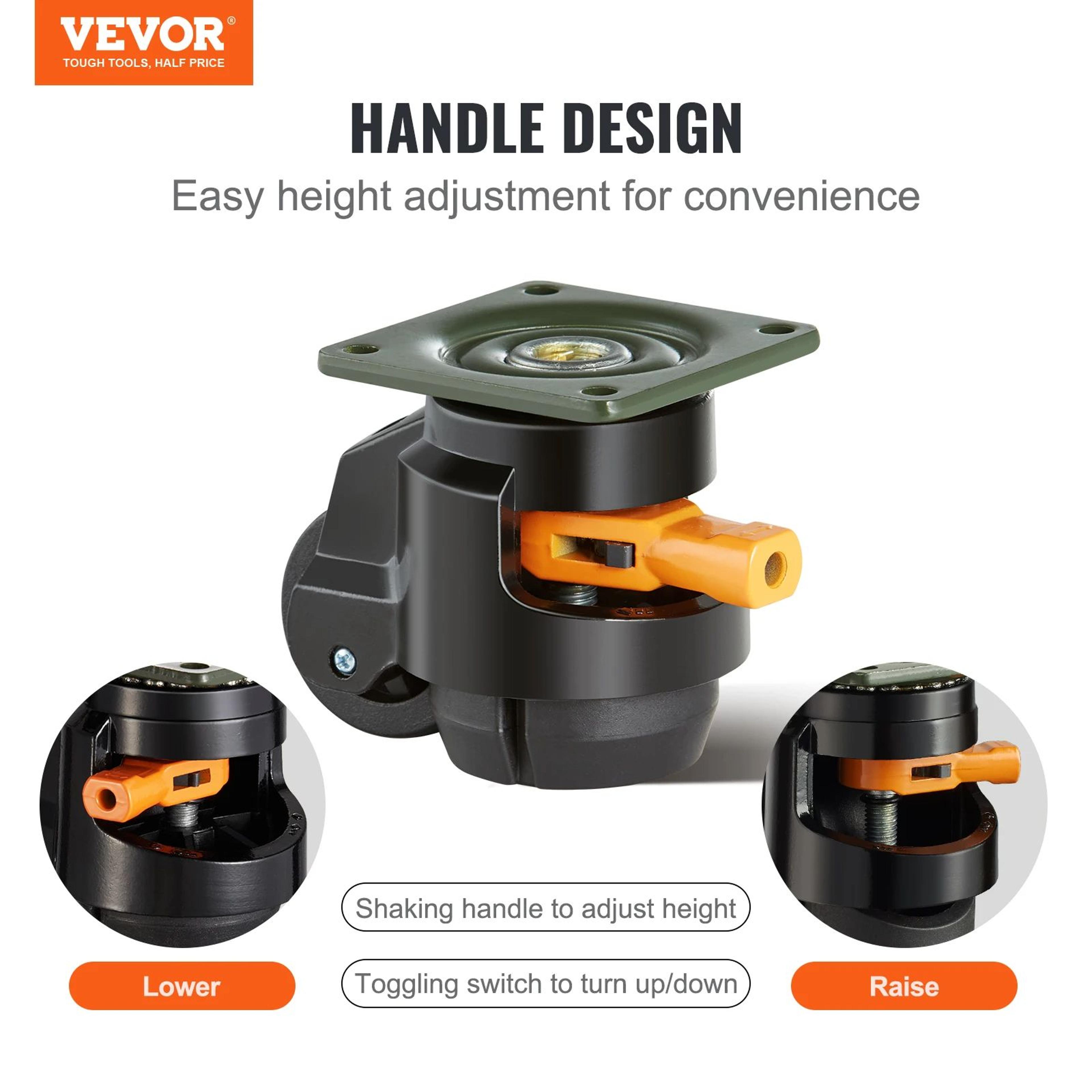 4 pcs heavy duty swivel caster wheels – leveling casters with handle, height adjustable feet for workbench, machine.