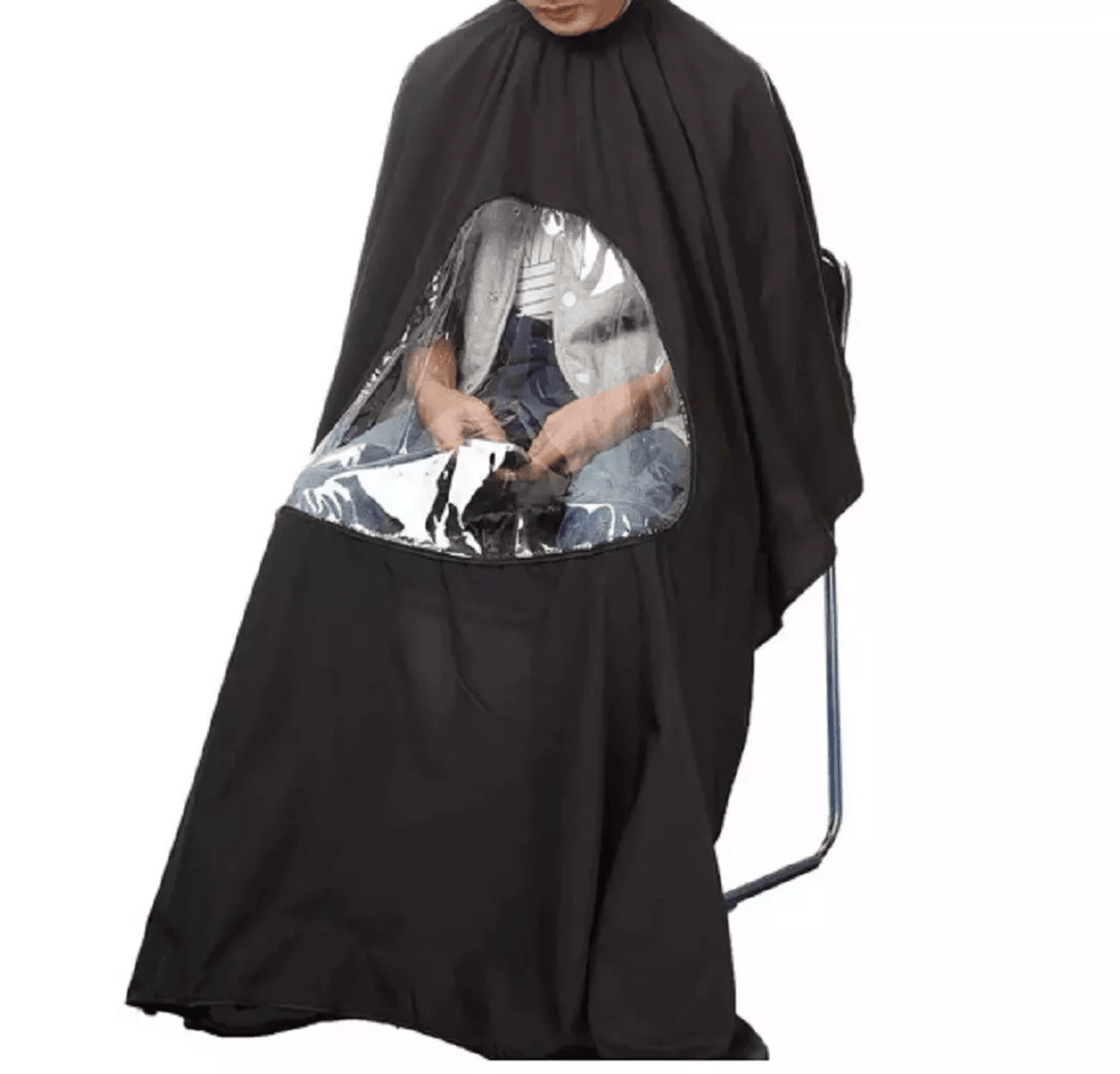 professional barber hair cutting cape with viewing window, adjustable salon styling drape for hairdressers, stylists