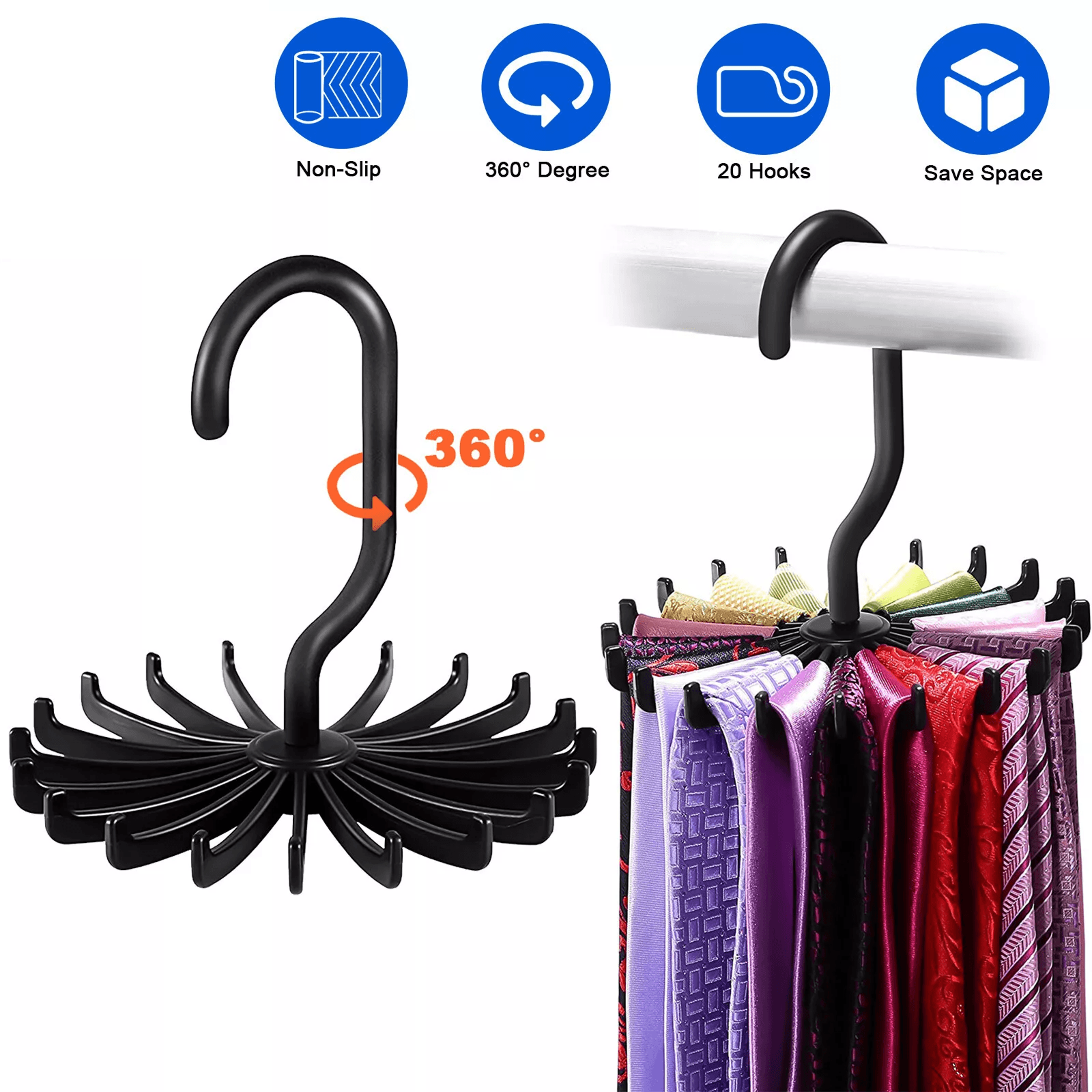 neck tie rack, rotating adjustable hanger organizer for ties, scarves, belts & accessories, space-saving storage holder