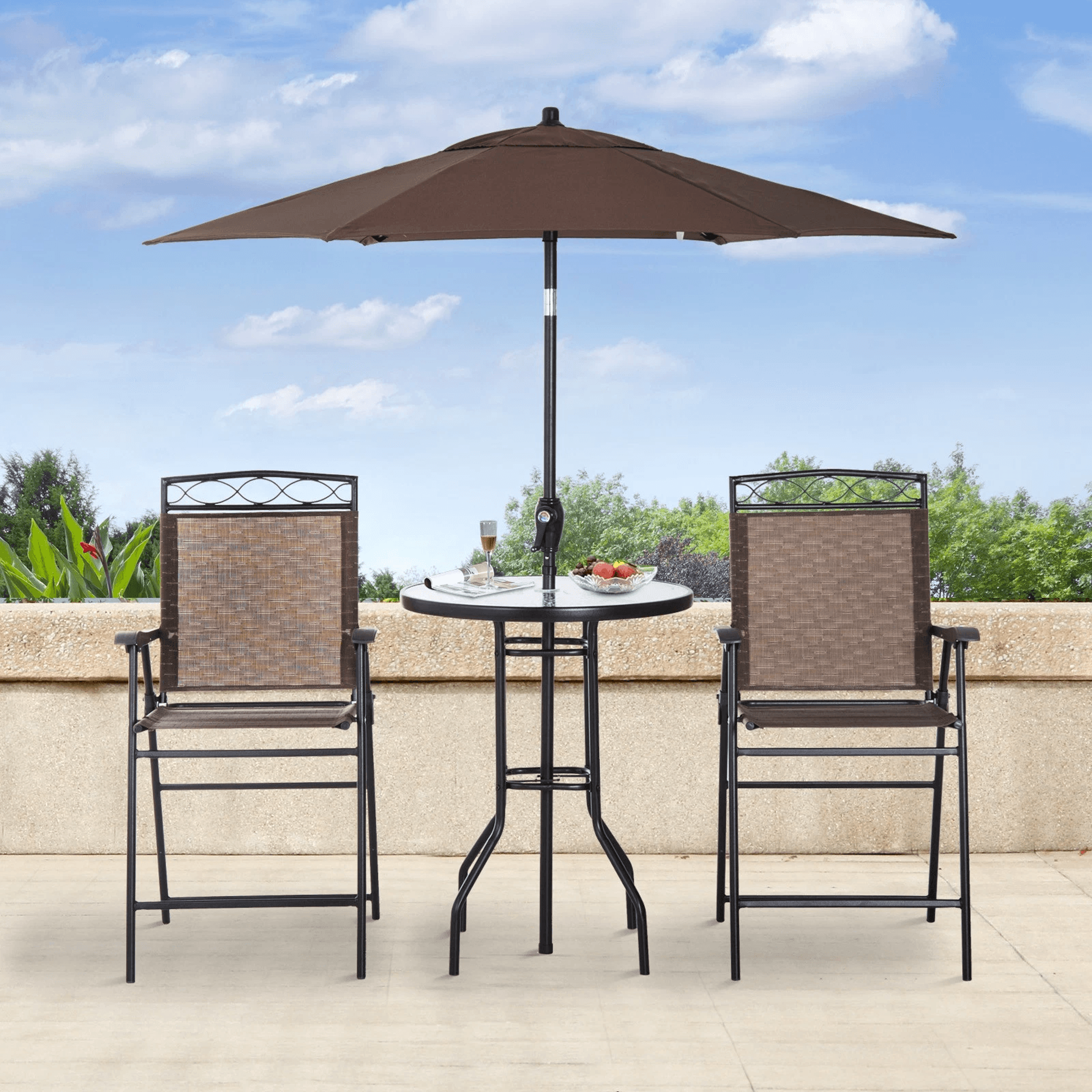outdoor patio dining set furniture with folding chairs, table & adjustable umbrella