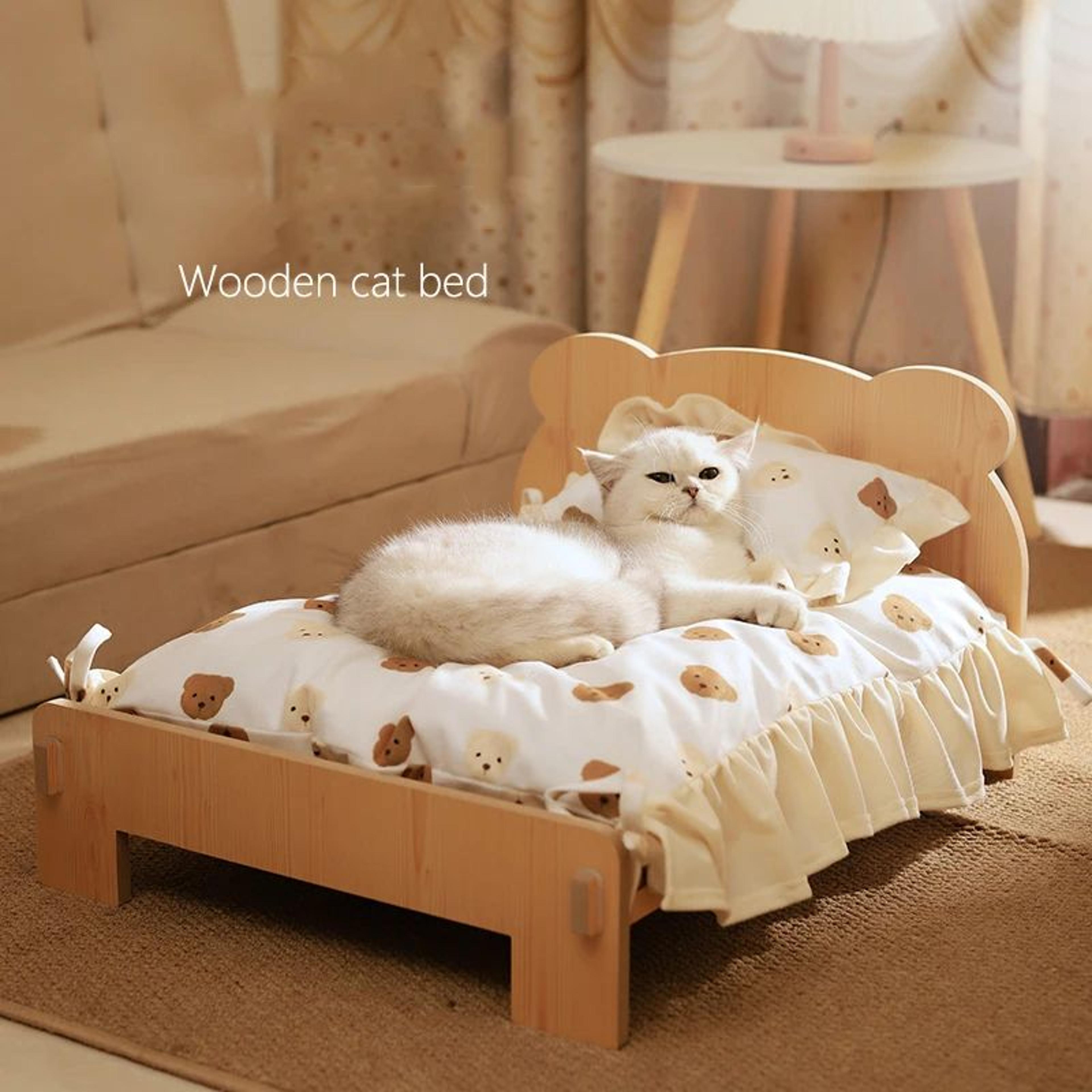 Wooden Cat And Dog Bed With Teddy Bear Pattern Comfortable Indoor Pet Furniture  Durable FloortoCei 5