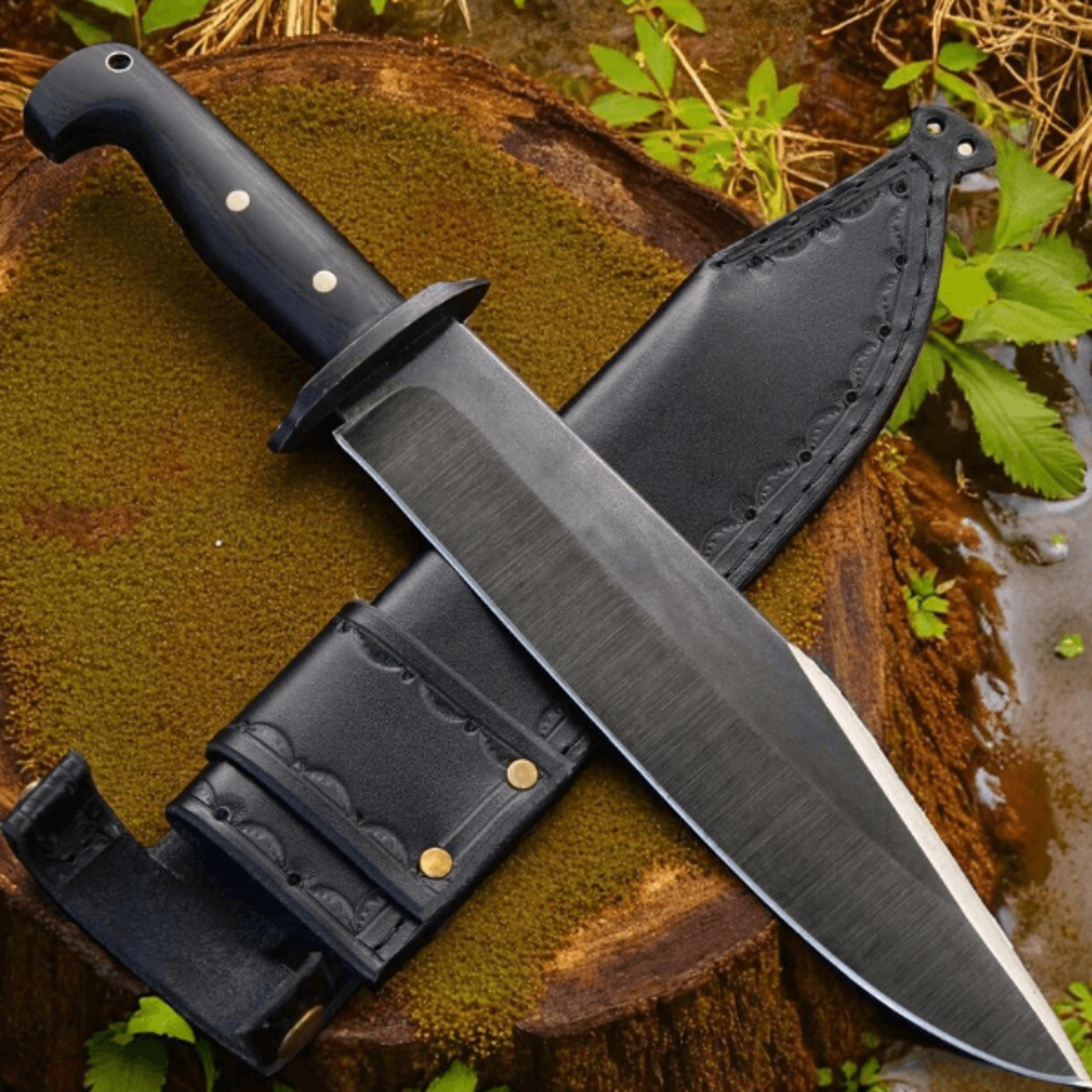 15 inch outdoor hunting knife with engraved black leather sheath | survival, camping & collectible gift