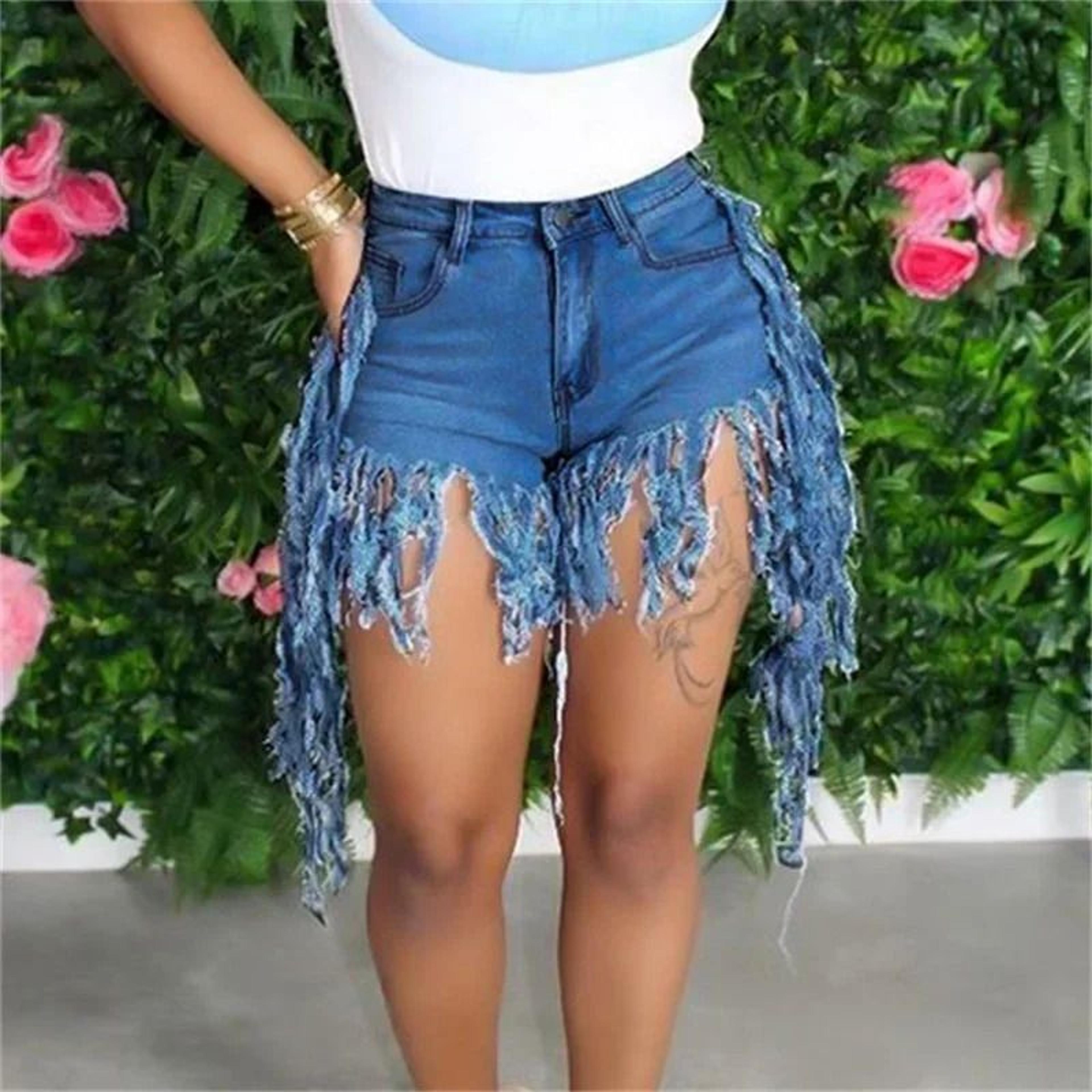 summer high waist skinny denim shorts, tassel zipper fly jeans for street & night club styles