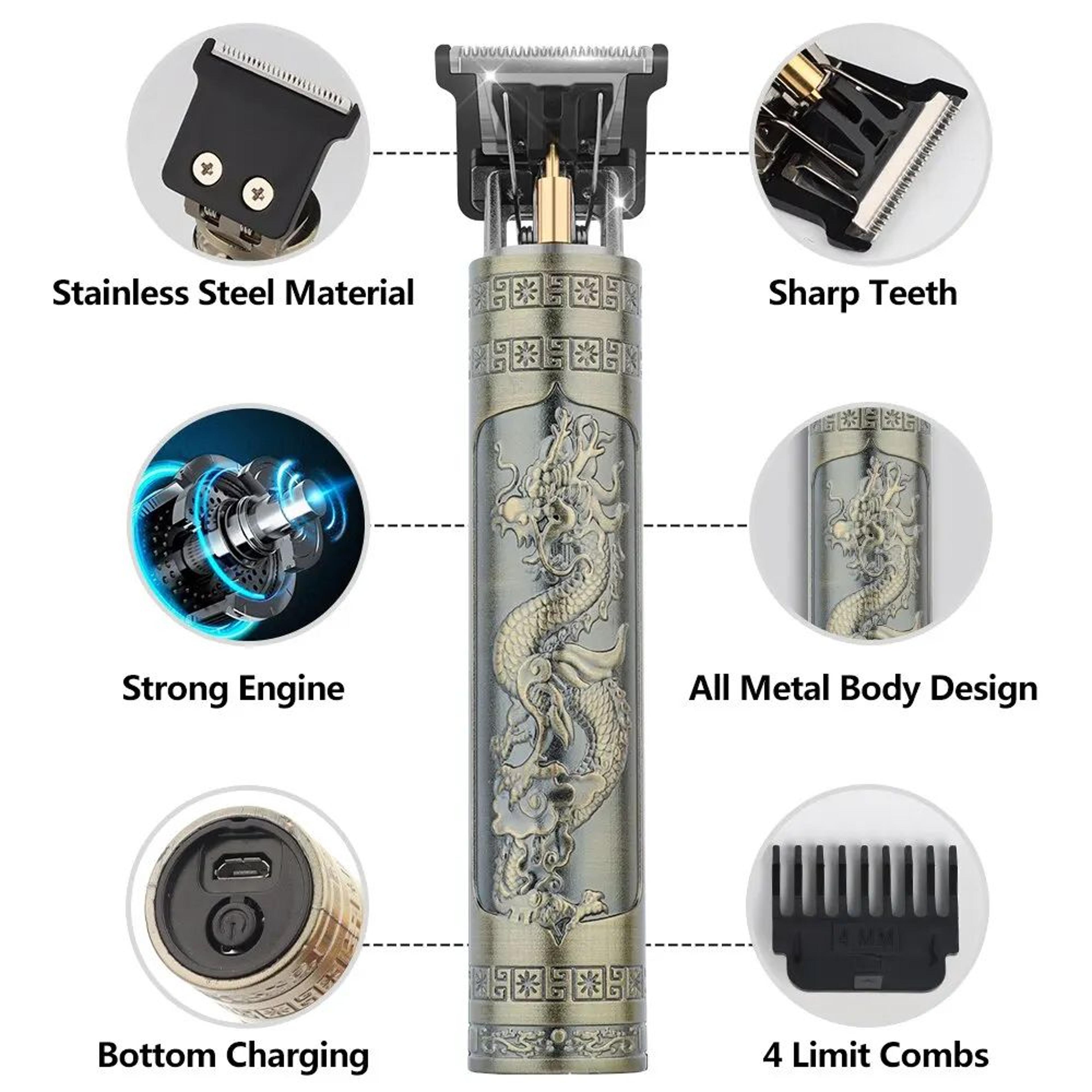 Professional T9 Hair Clipper  Vintage Rechargeable Trimmer  Shaver For Men Dragon Buddha Design 6