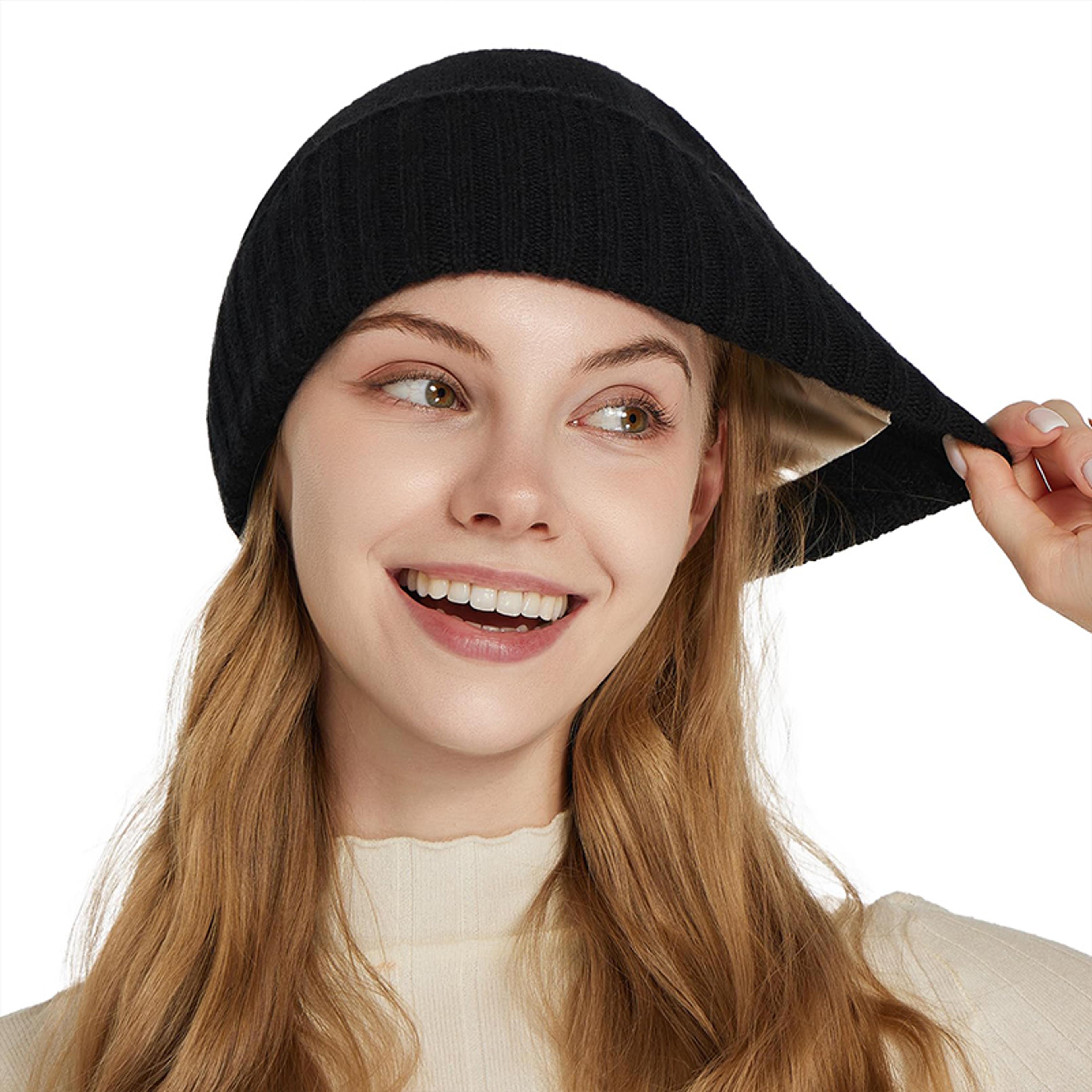 Womens Pure Wool Winter Hat Satin Lined Knitted Beanies Soft Warm Ski Cap Elastic Slouchy Sleep Cov 2