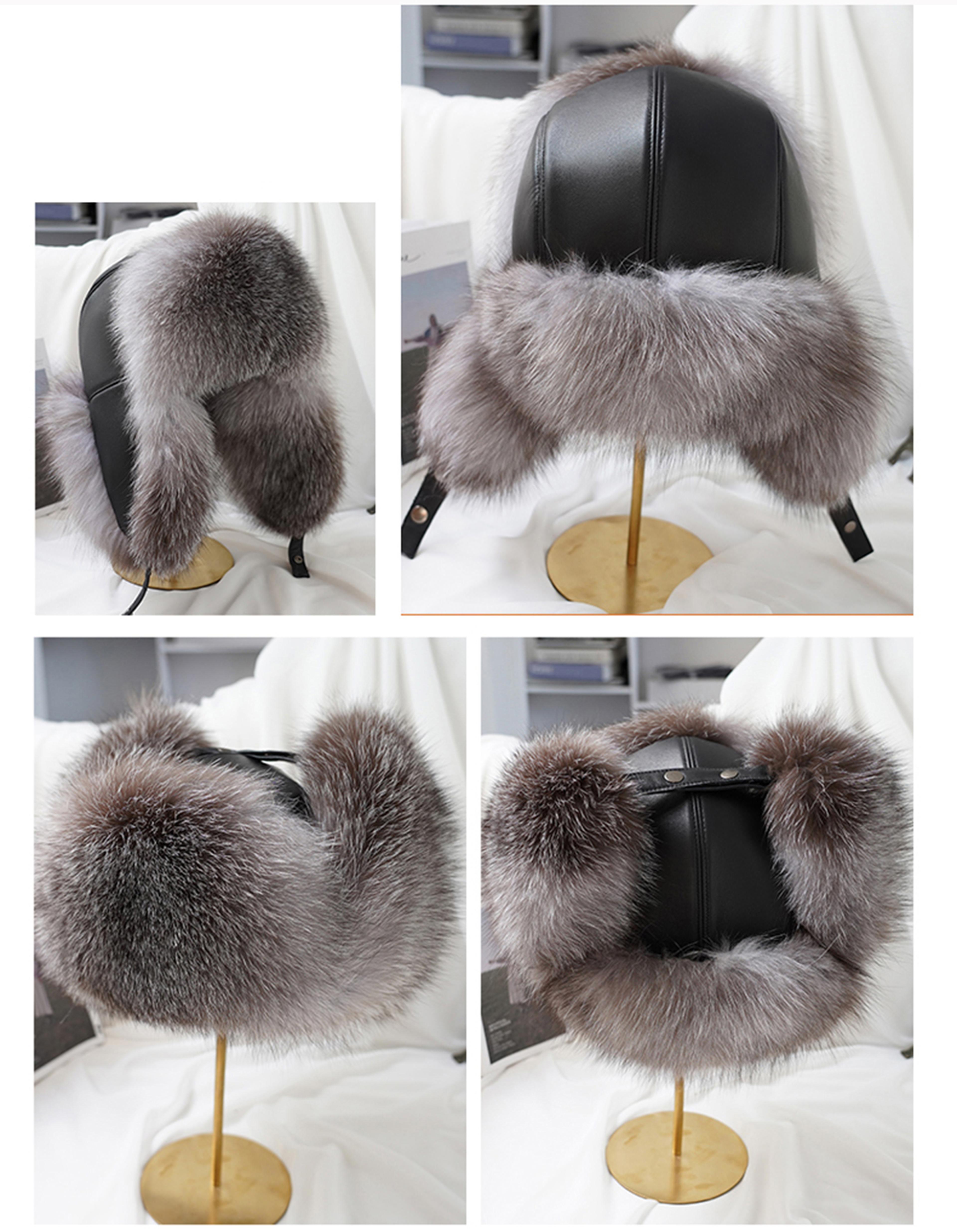 Mens Real Silver Fox Fur Bomber Hat Raccoon Fur Cap Russian Trapper Ski Hats Leather Winter Hat For