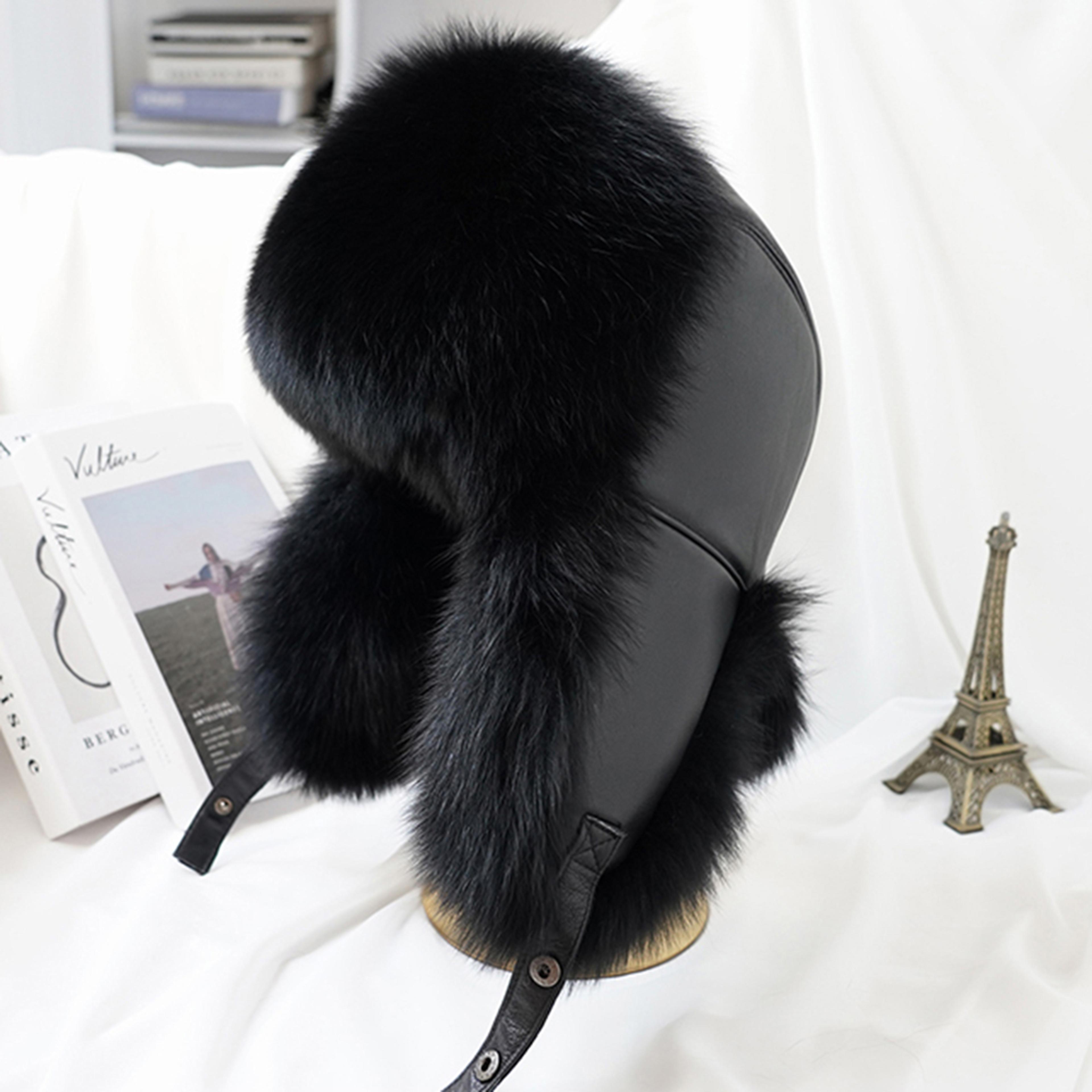 Mens Real Silver Fox Fur Bomber Hat Raccoon Fur Cap Russian Trapper Ski Hats Leather Winter Hat For