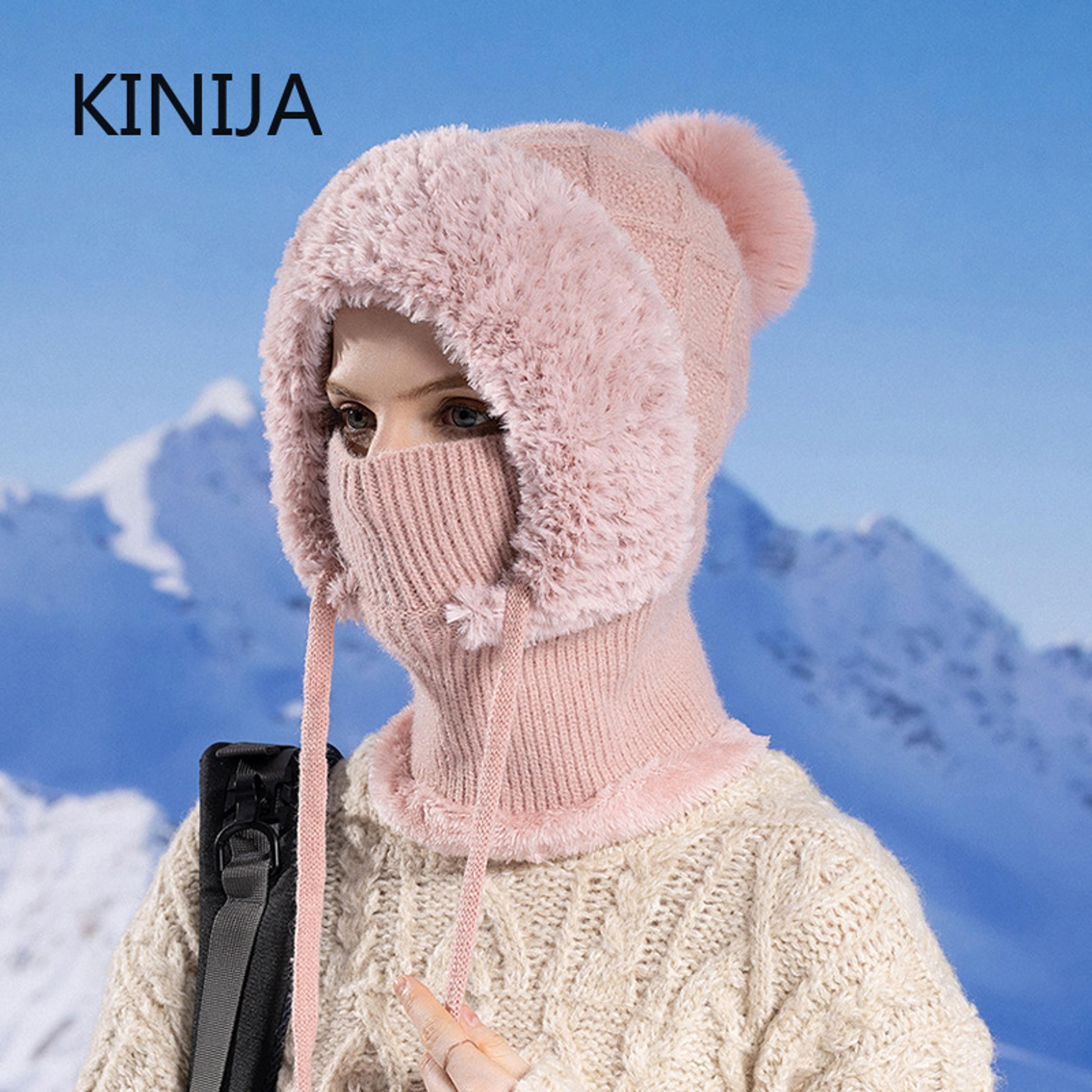 Women Winter Balaclava Hat Velvet Knitted Woolen Ear Protection Fluffy Mask Neck Integrated Warmth  2