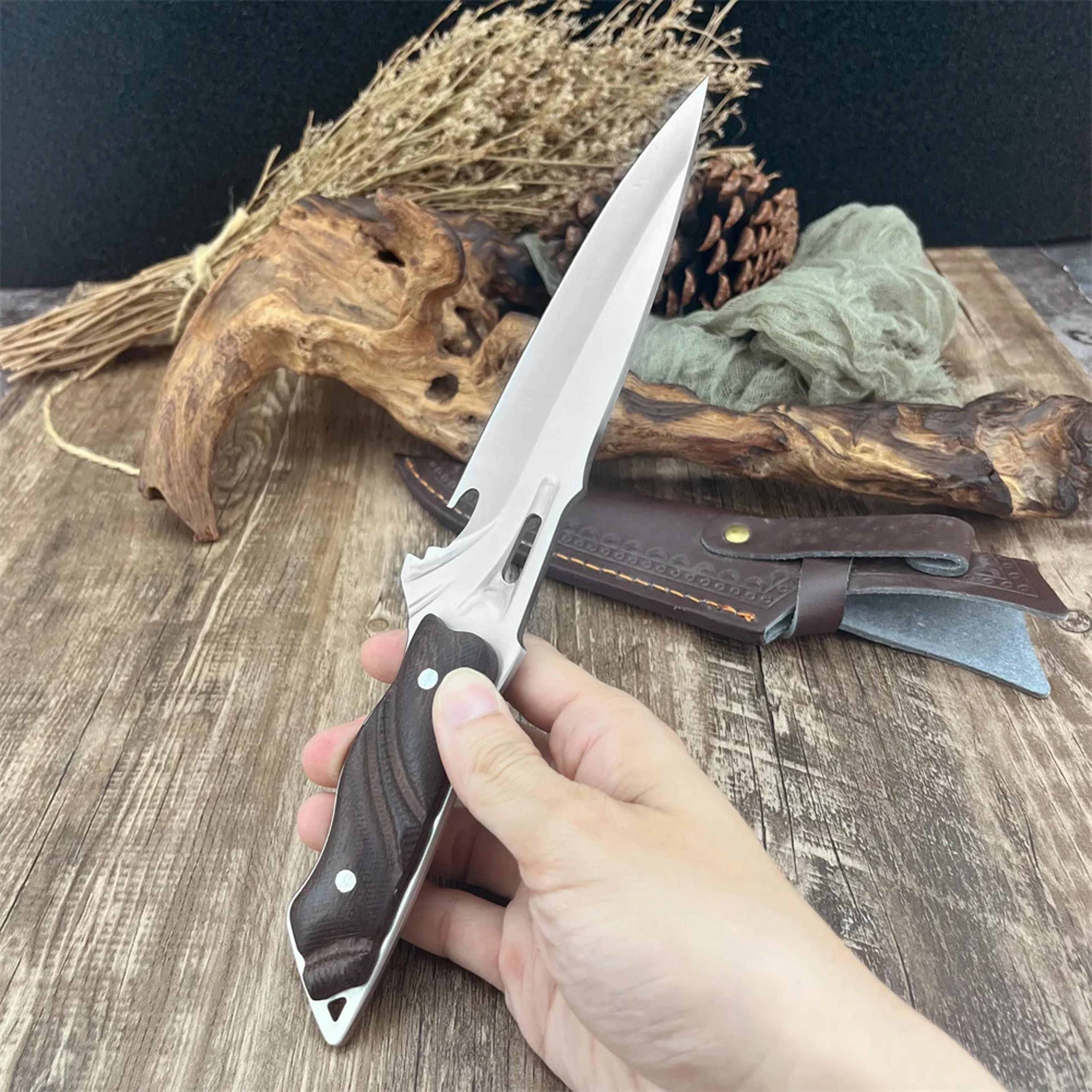 fox edge style fixed blade knife with wood handle and nylon sheath
