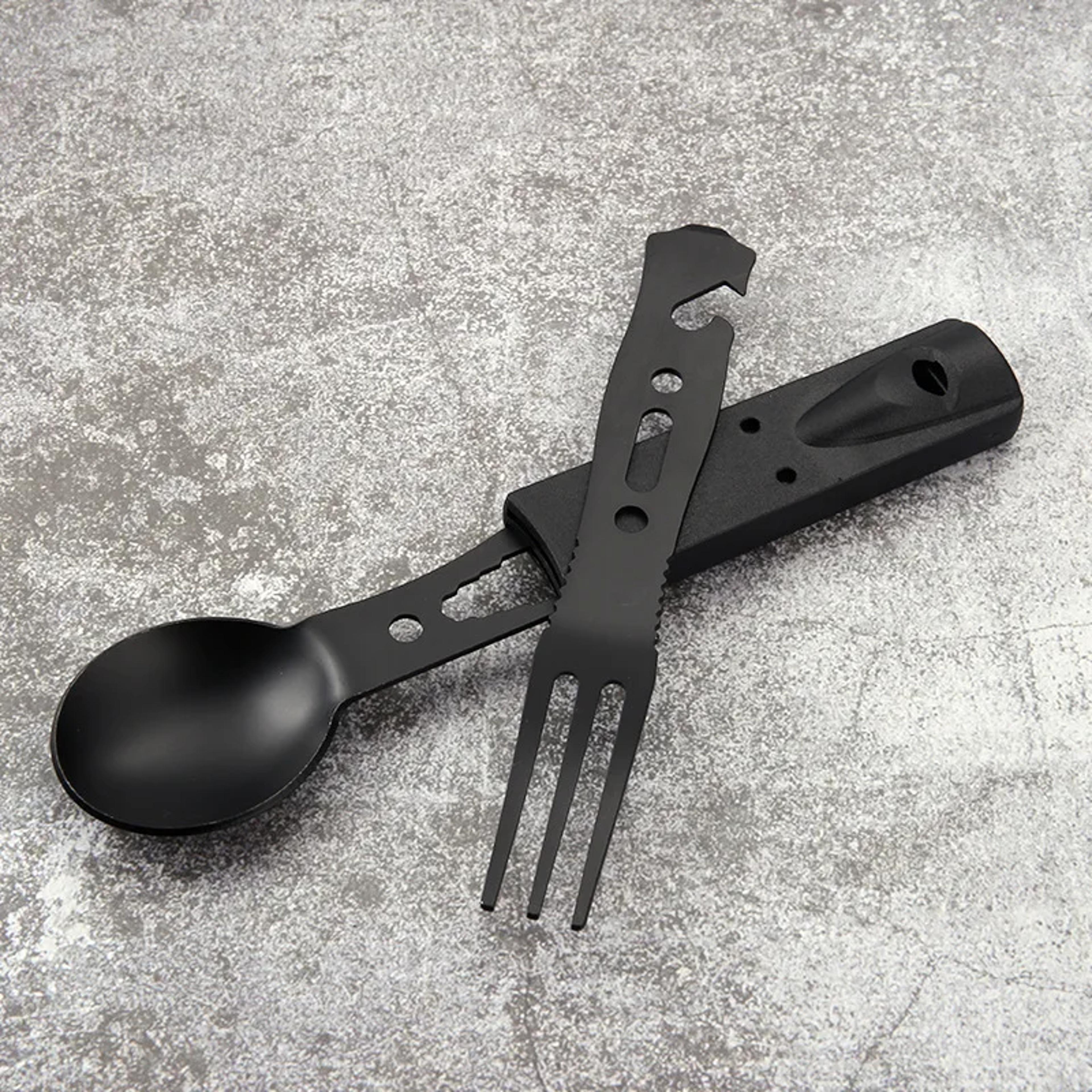 portable camping utensil set with stainless steel multi tool knife and emergency whistle