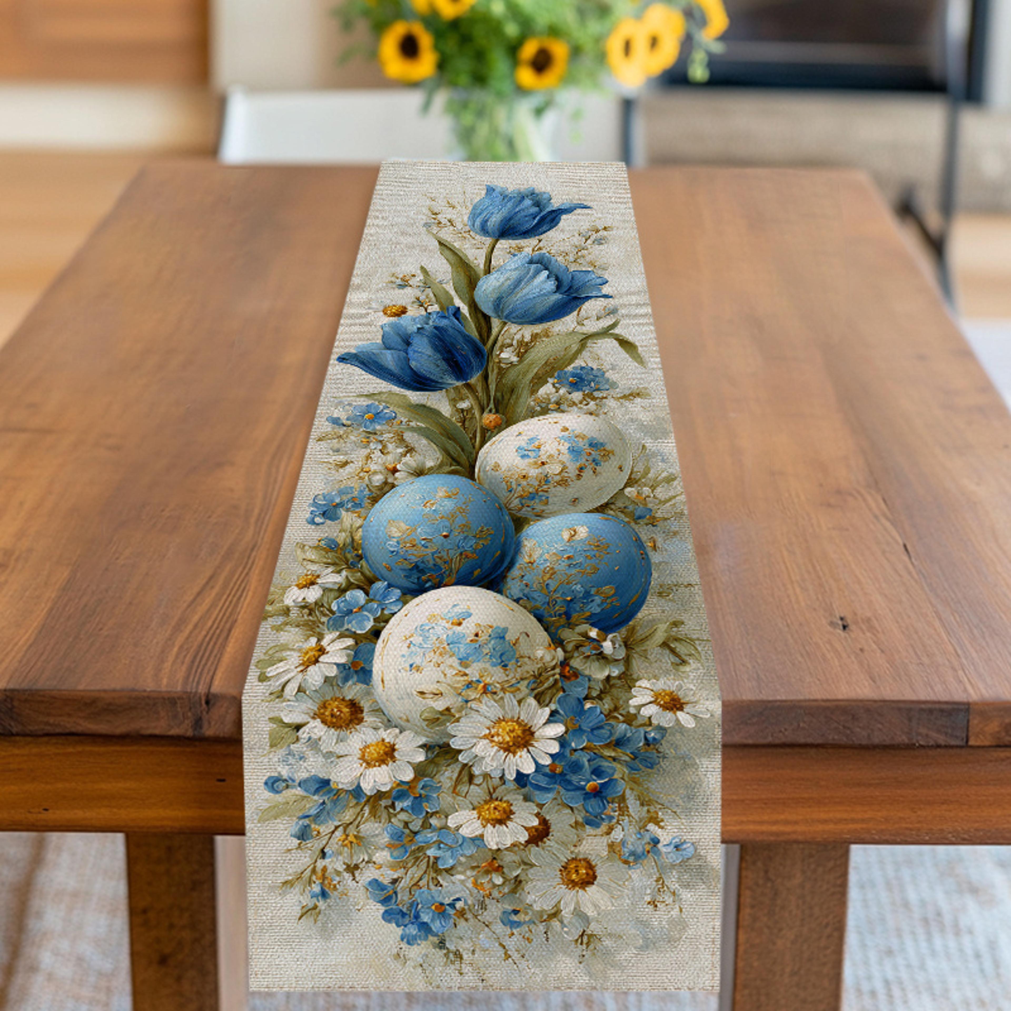 blue tulip easter table runner for spring dining decor and holiday tables