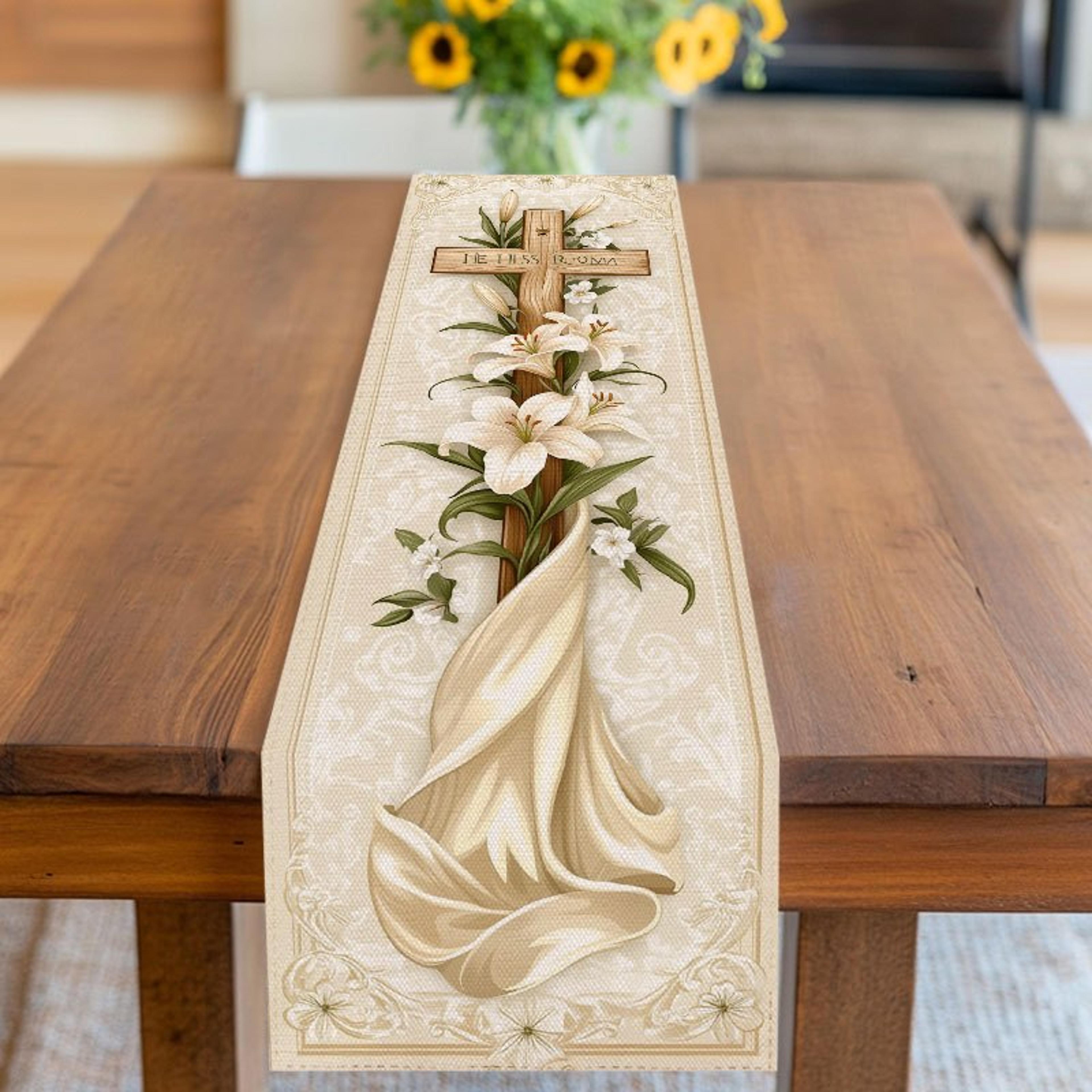 elegant beige table runner with cross lily easter & party decor