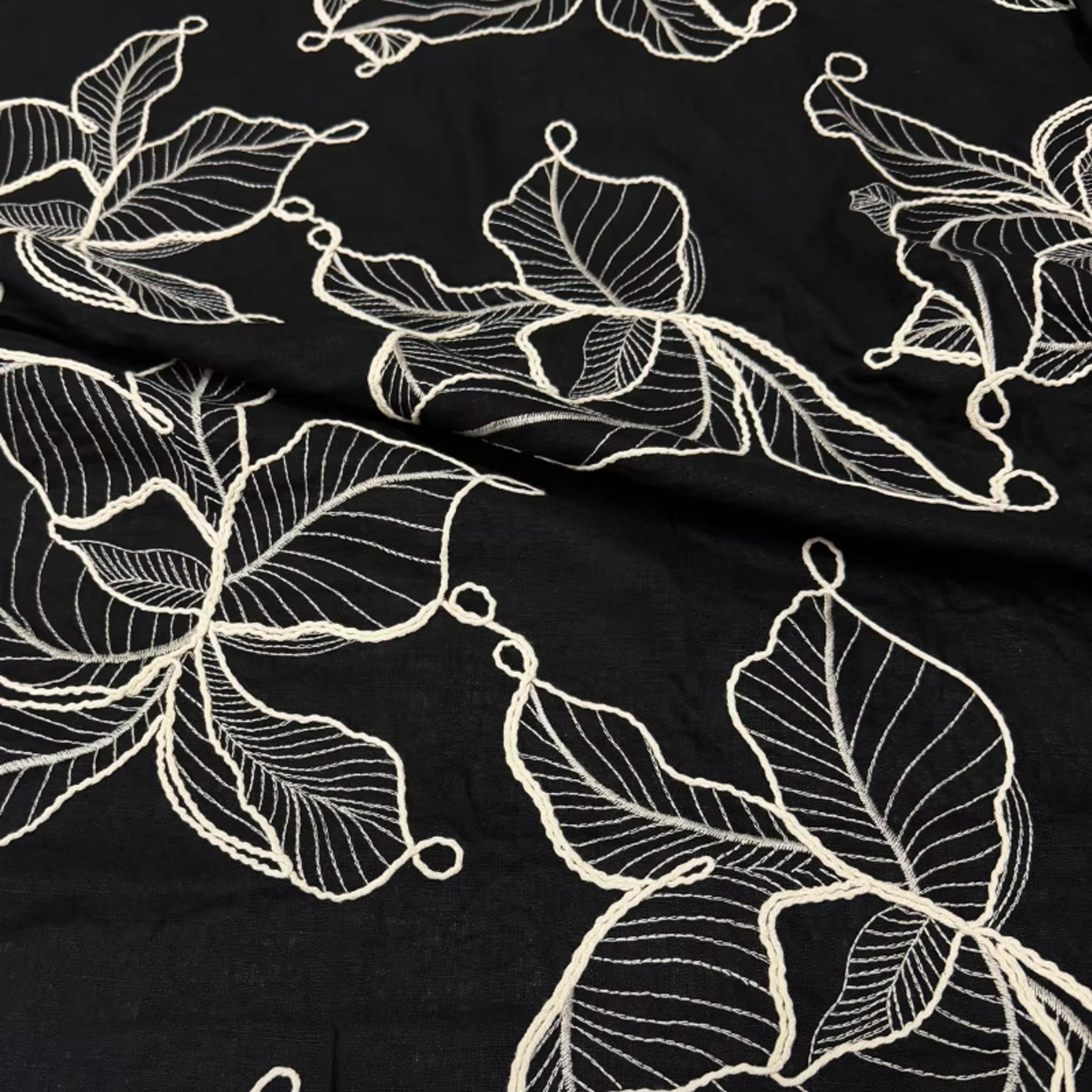 premium black leaf embroidered linen fabric for diy home & fashion crafts