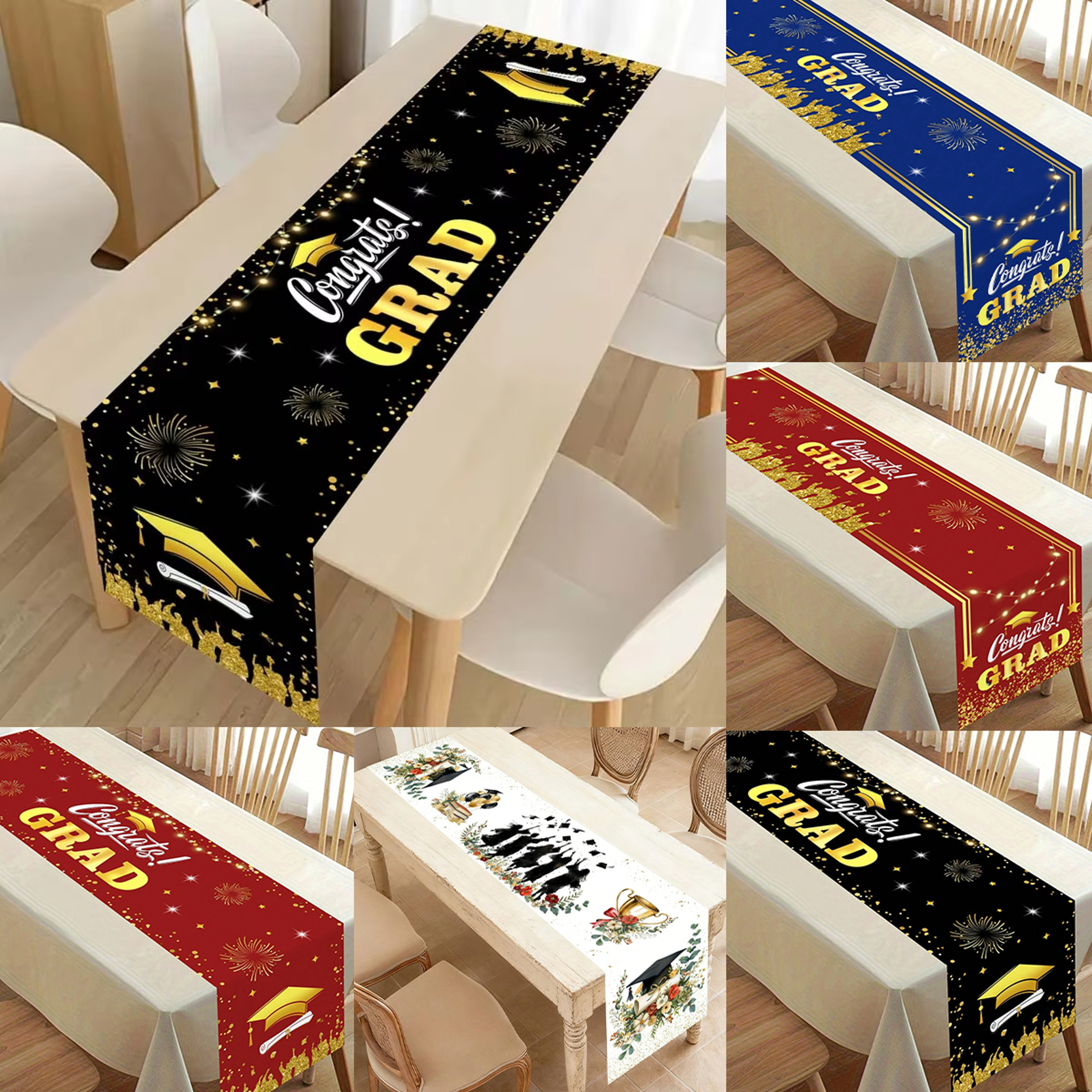 premium graduation table runner blue, red & black gold party decor