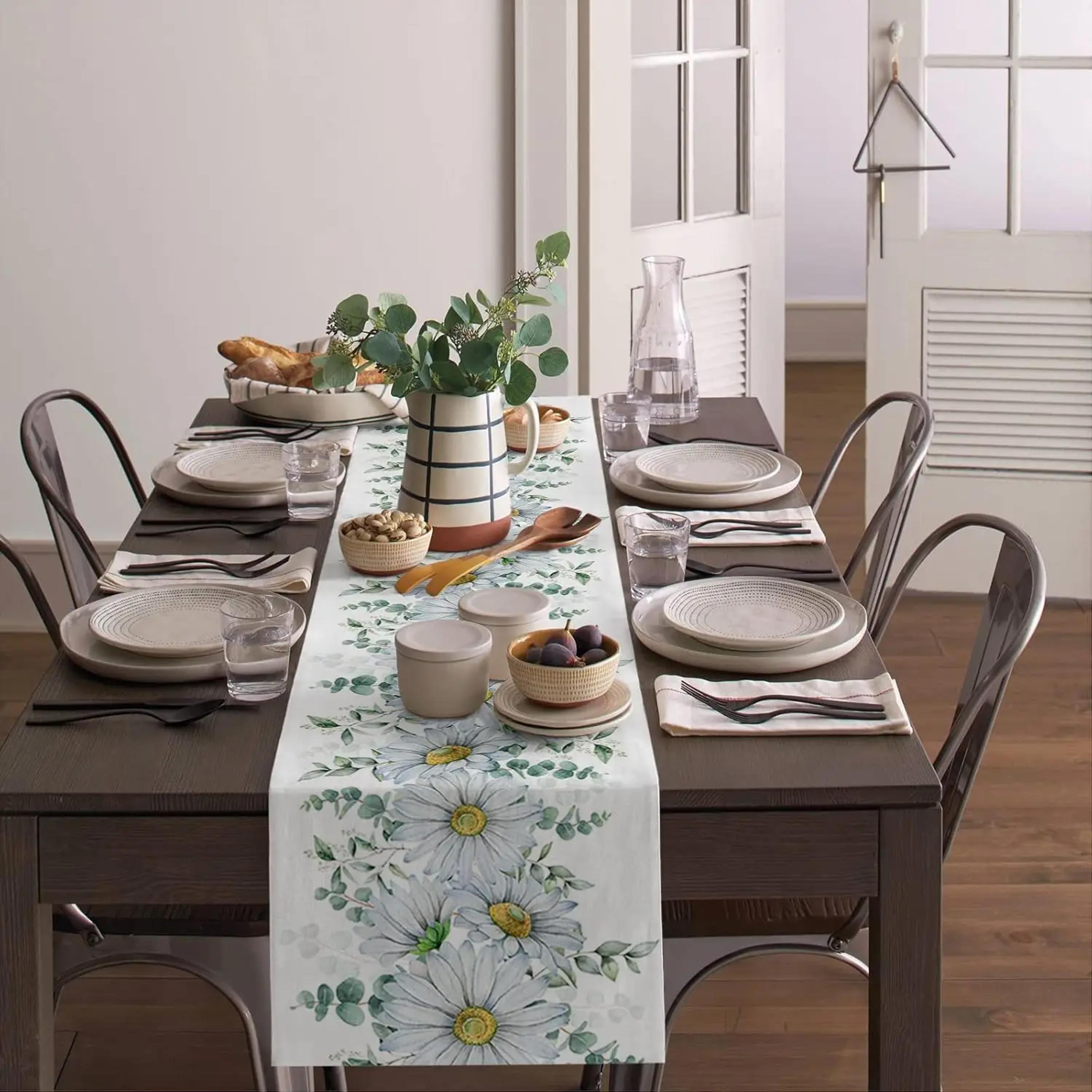 Eucalyptus Table Runner With Daisy Floral Farmhouse Linen Look 1