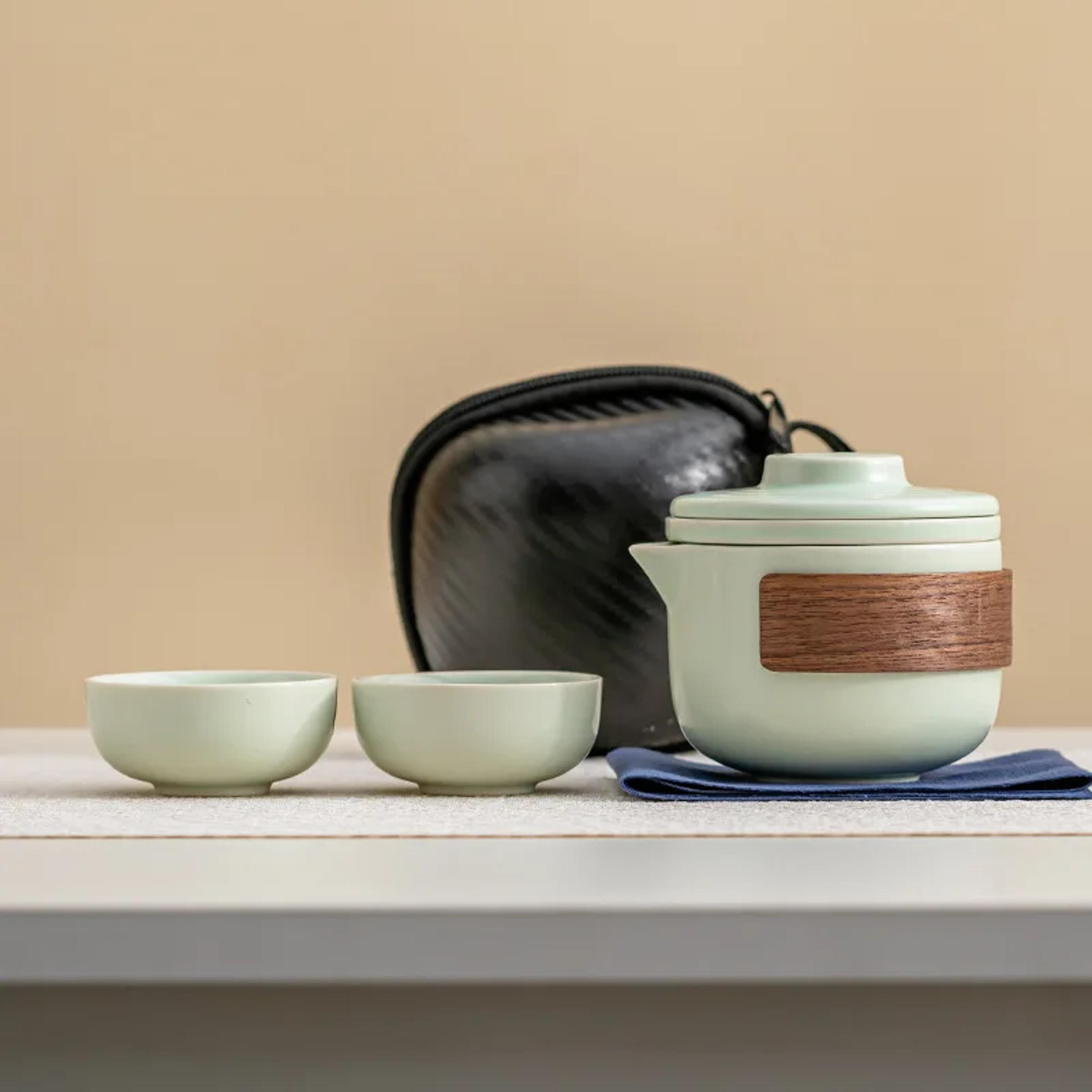 Portable Ceramic Travel Tea Set With One Pot And Two Cups 3