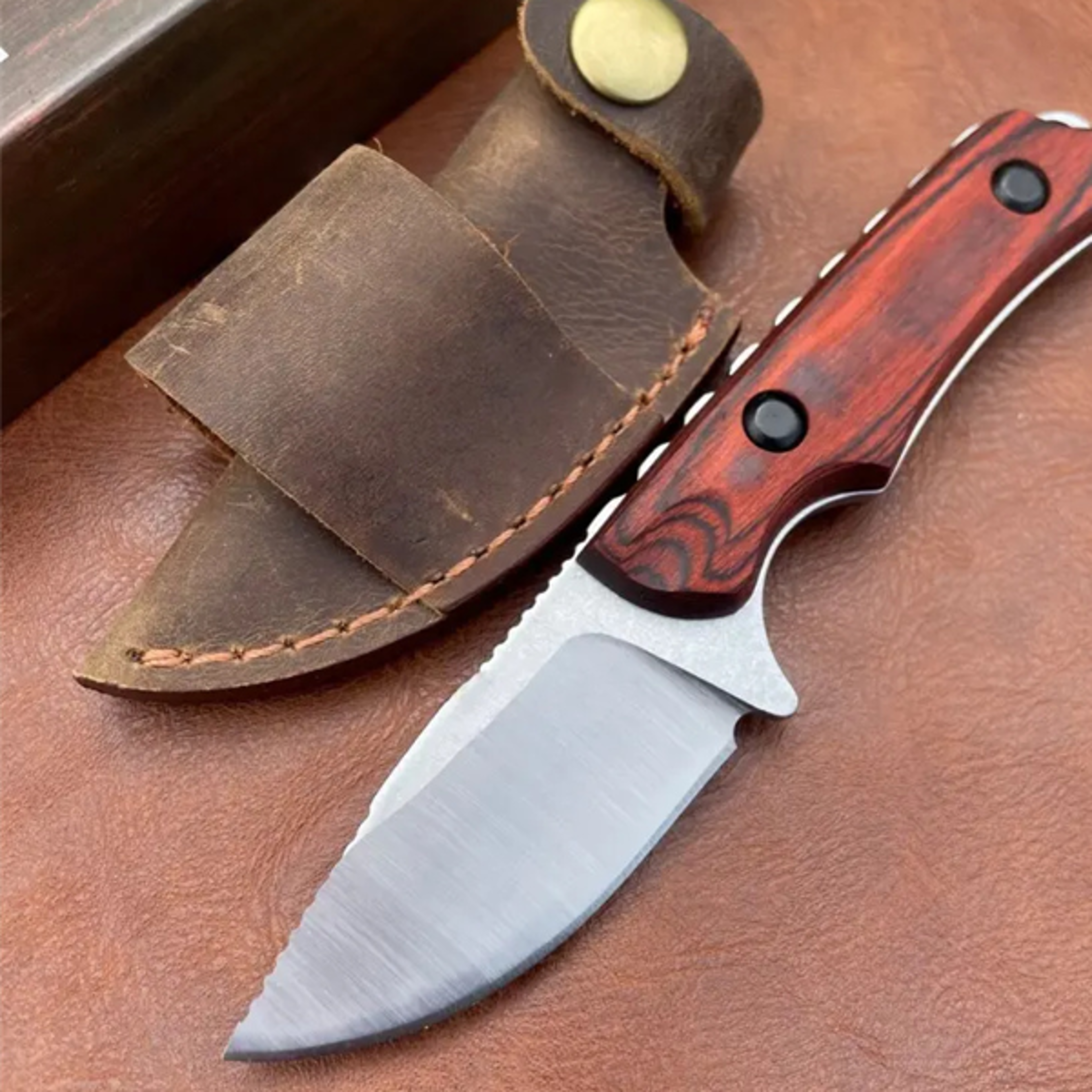 premium outdoor survival fixed blade knife drop point steel with wood handle & sheath