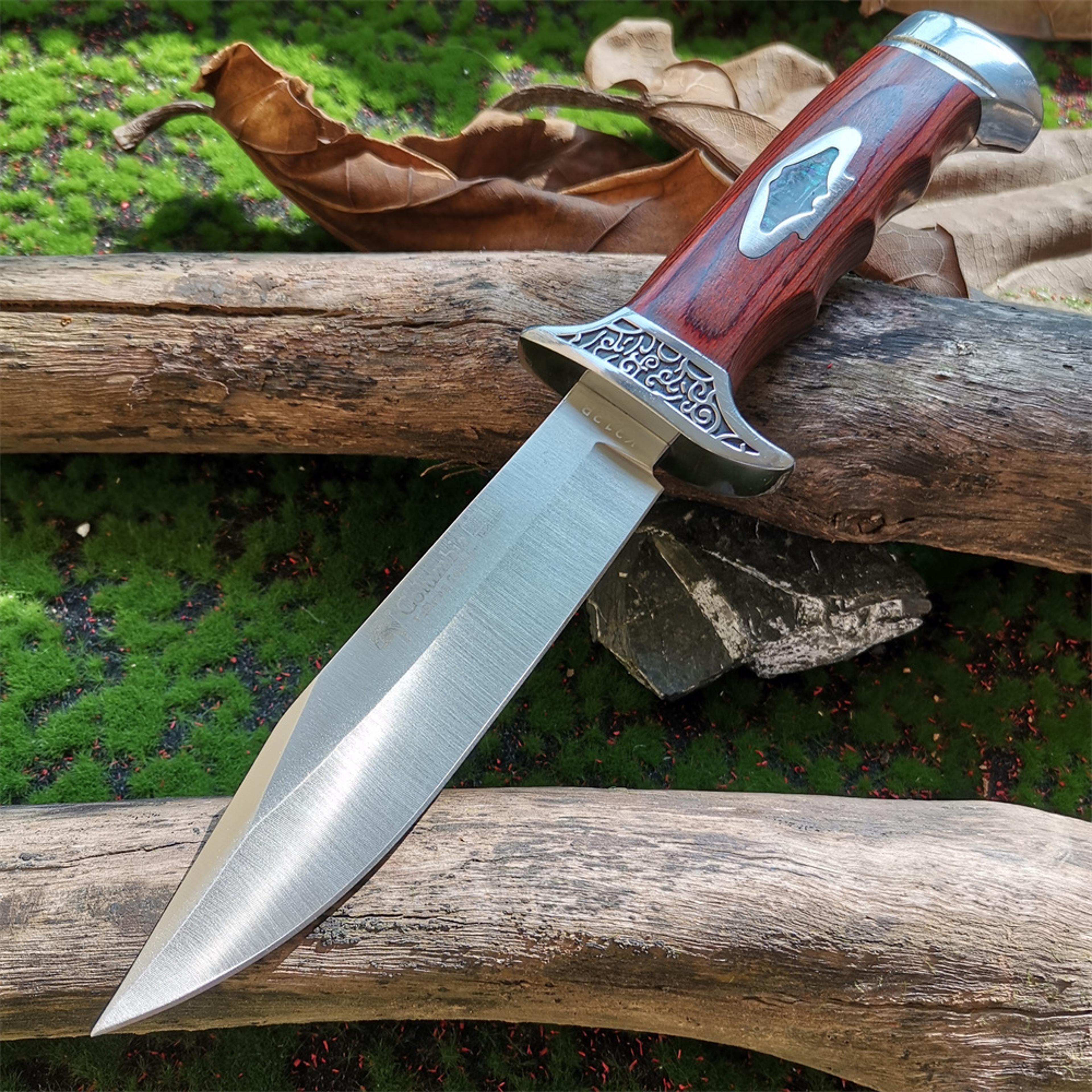 fixed blade camping knife with steel blade, wood handle and scabbard