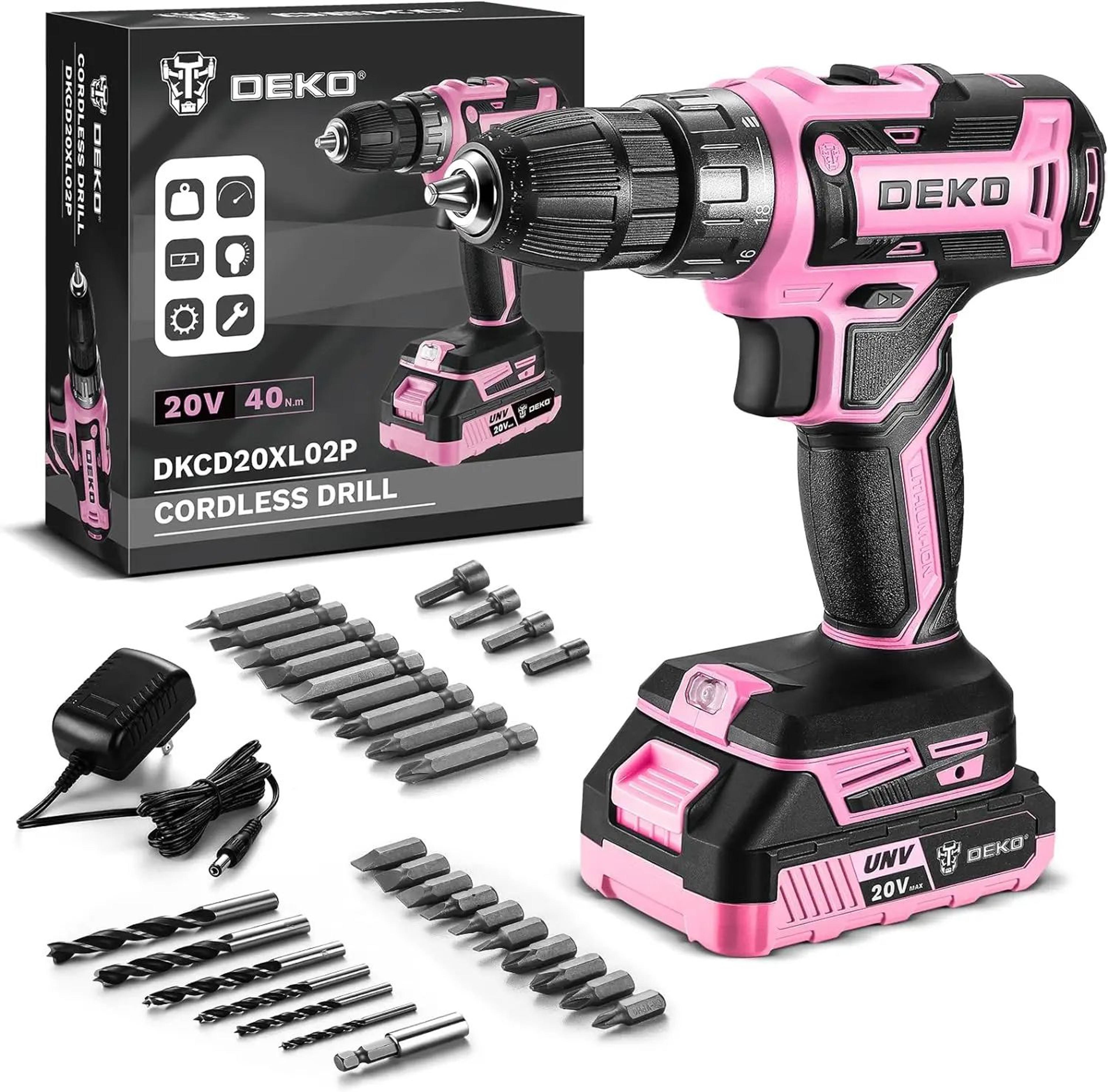 deko 20v pink cordless power drill set, lightweight & versatile for men & women
