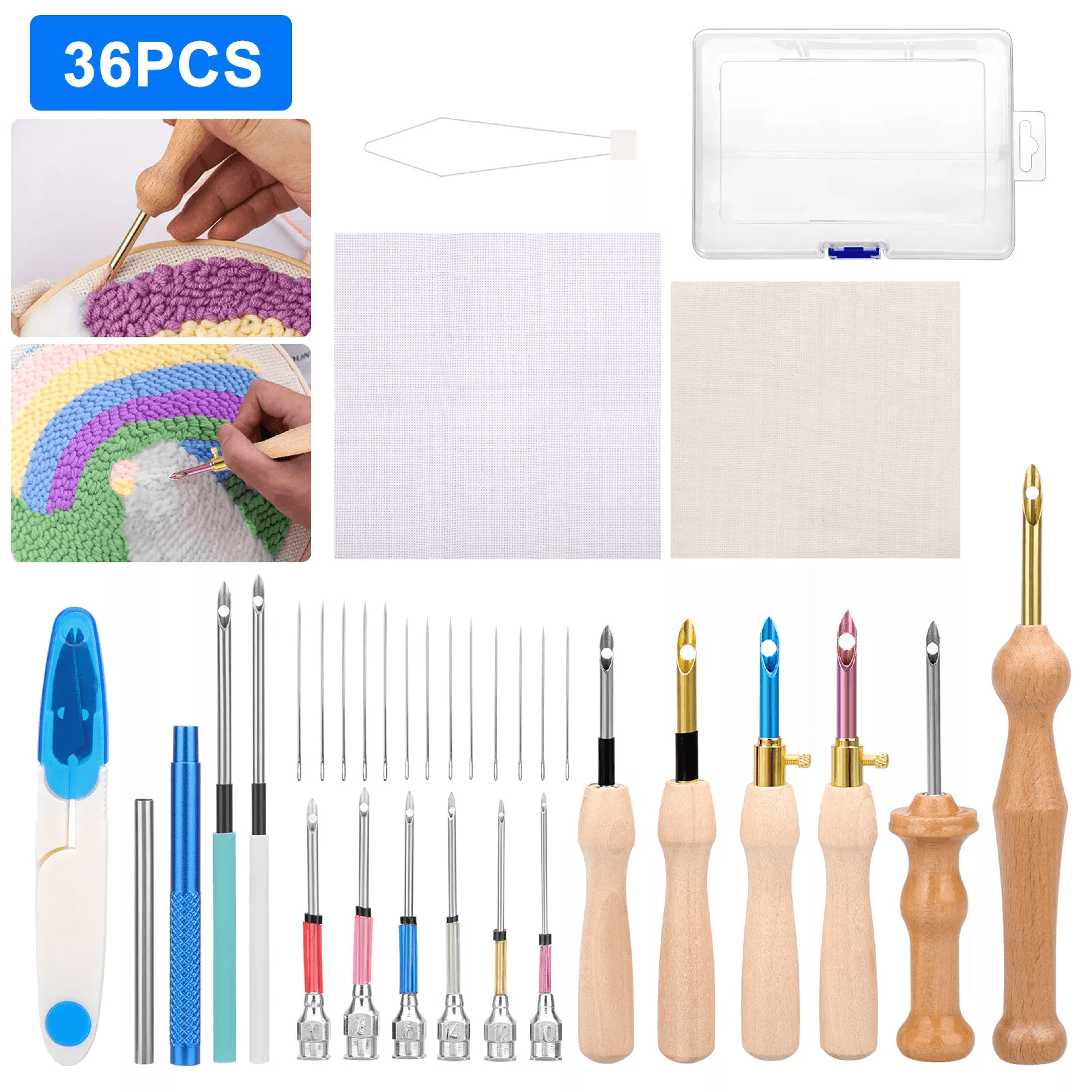 punch needle embroidery kit, sewing tool for floss cross stitching beginner with wooden & metal handles, monk's cloth