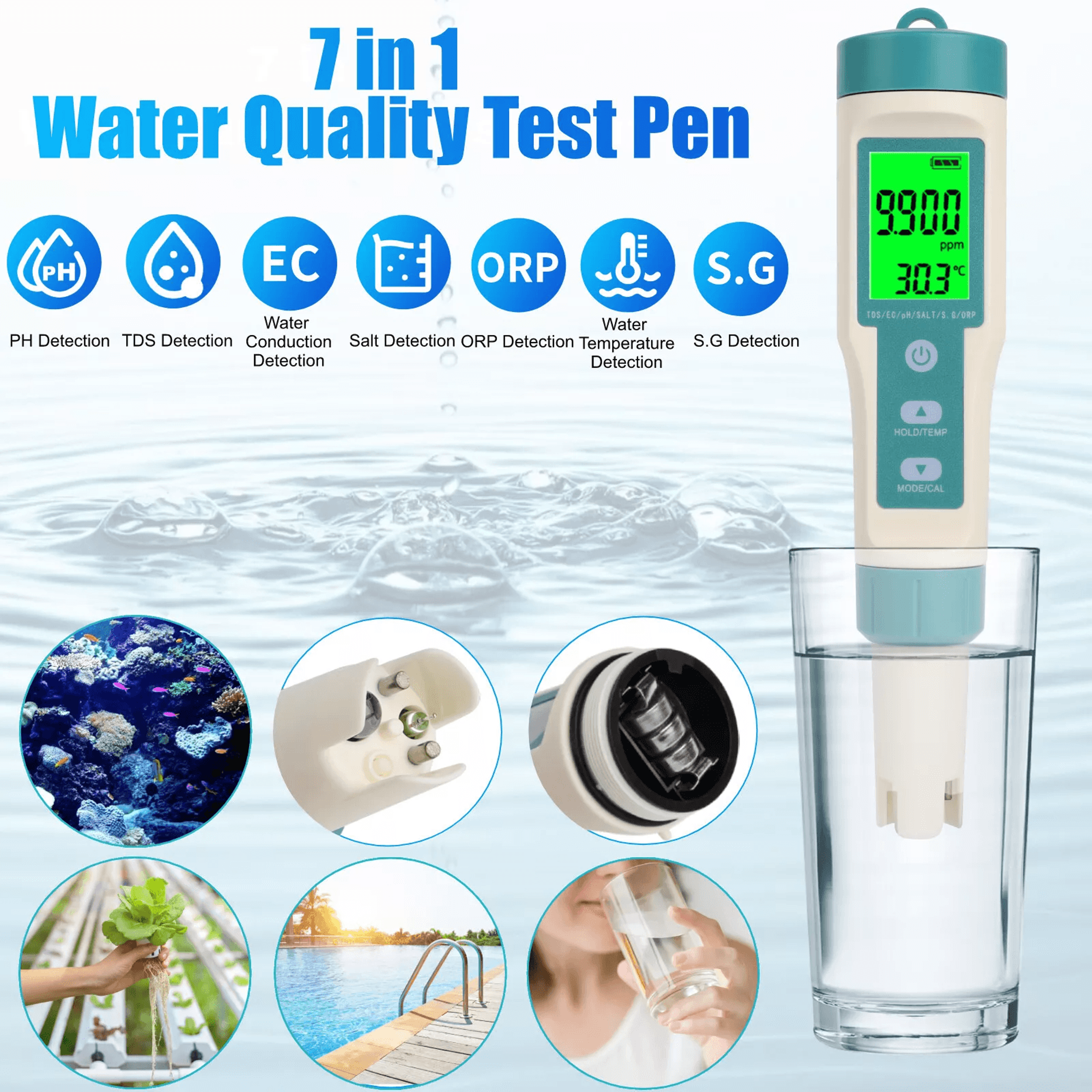 digital water quality tester pen ph tds ec orp temp sg salinity meter