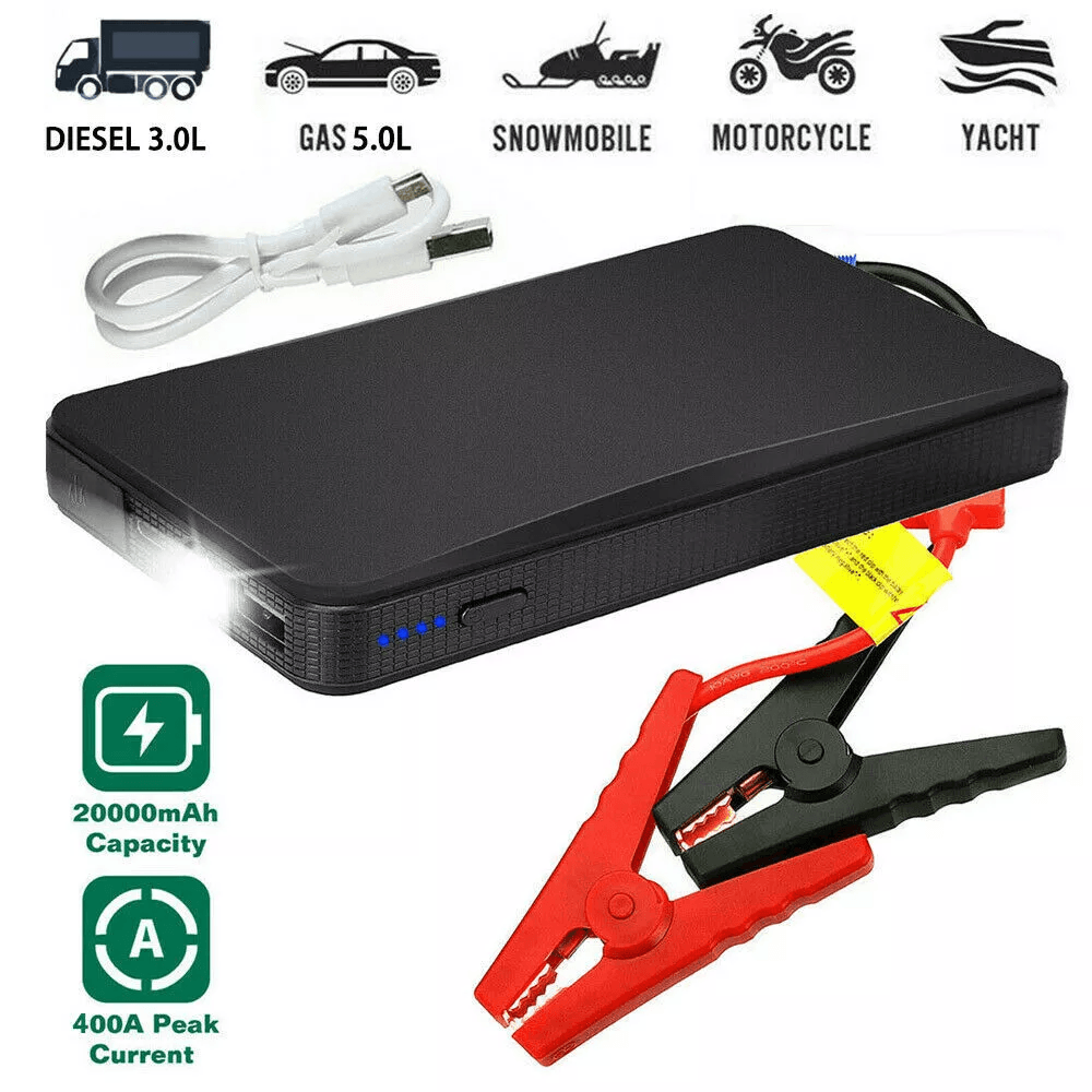 20000mah car jump starter jumper box, portable battery charger power bank for vehicles with led display smart clamps