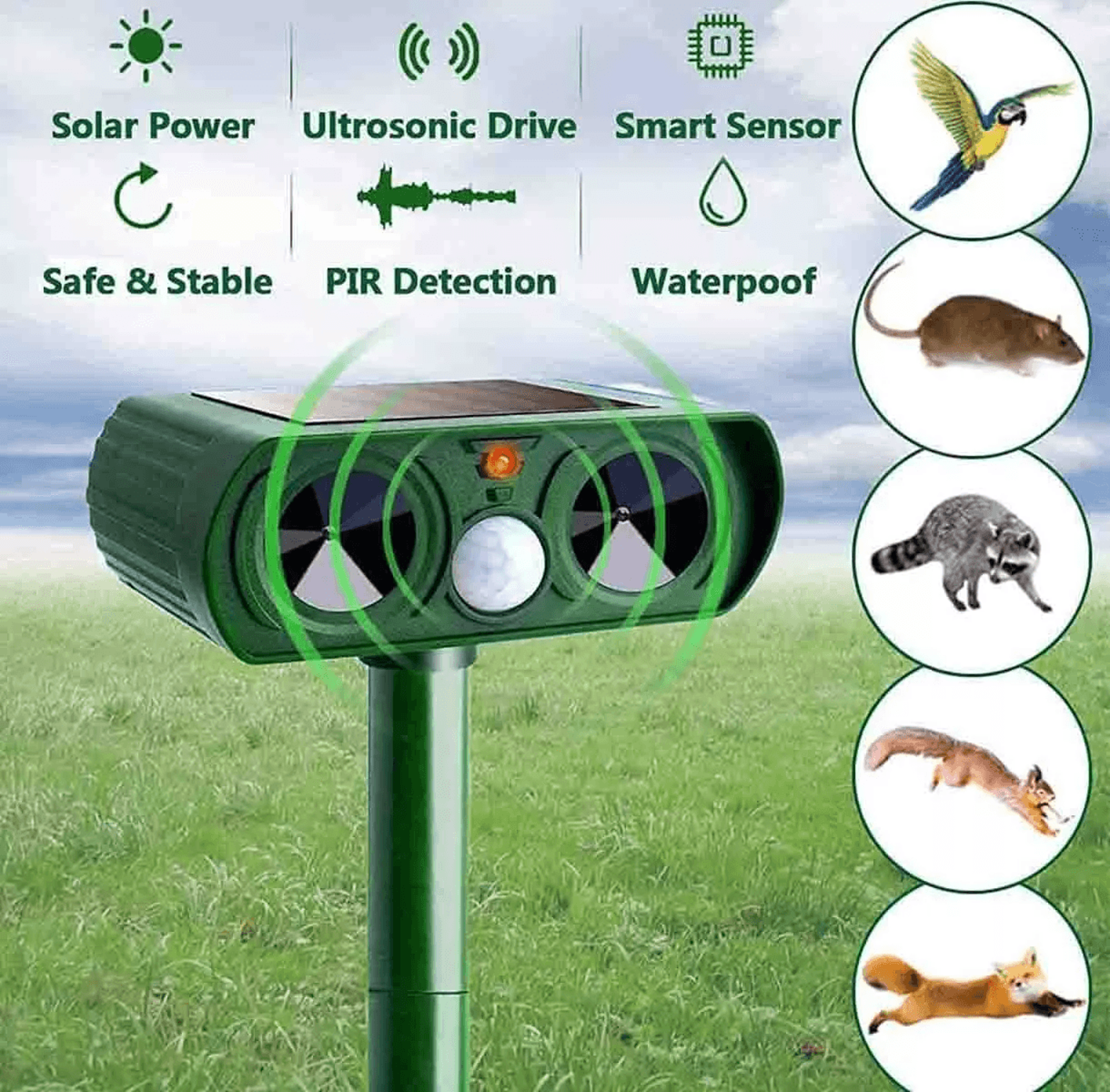 solar ultrasonic animal repellent, outdoor cat & dog deterrent, motion sensor waterproof