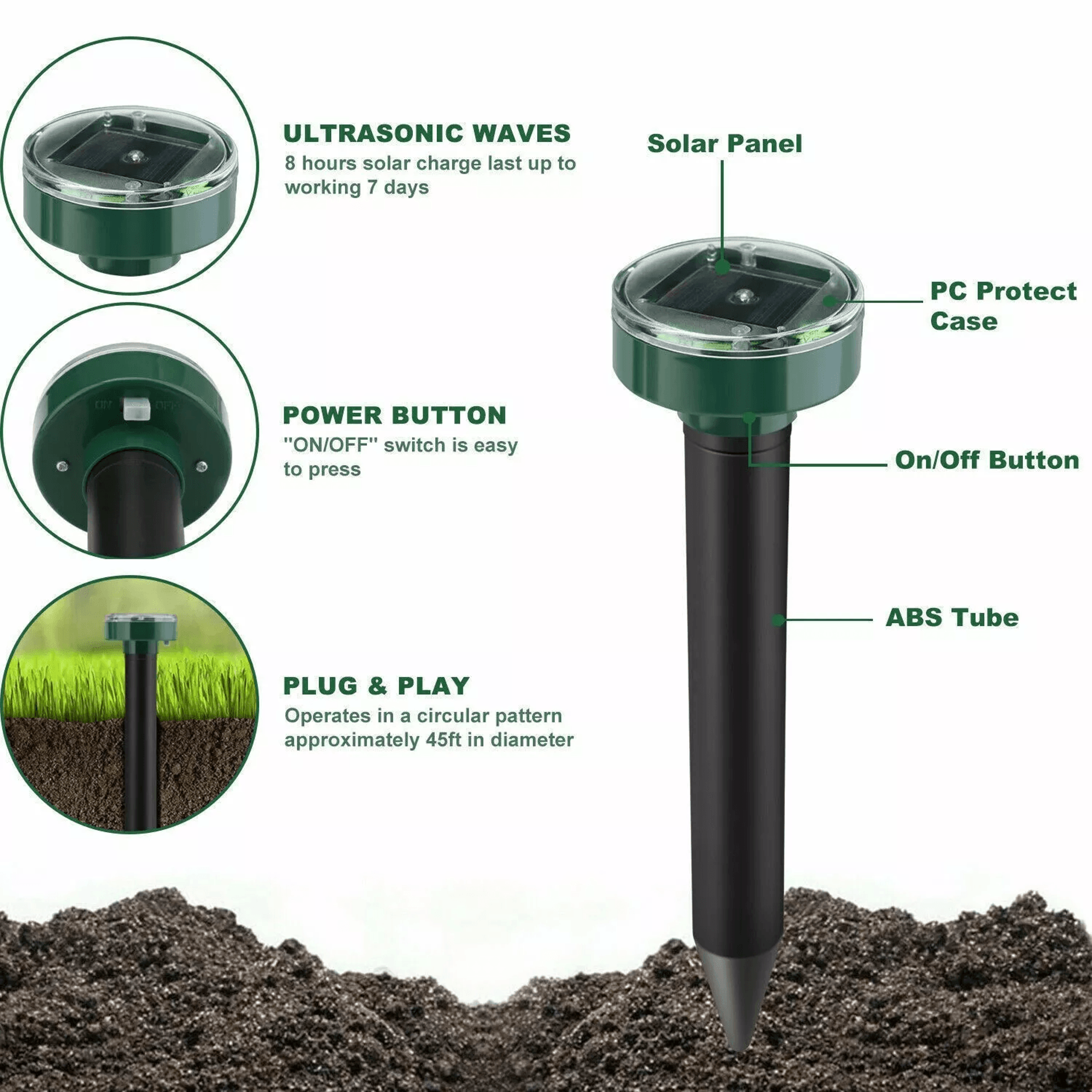 Solar Powered Ultrasonic Mole Repellent Stakes Waterproof Animal Pest Deterrent For Gophers Mice Sn 6